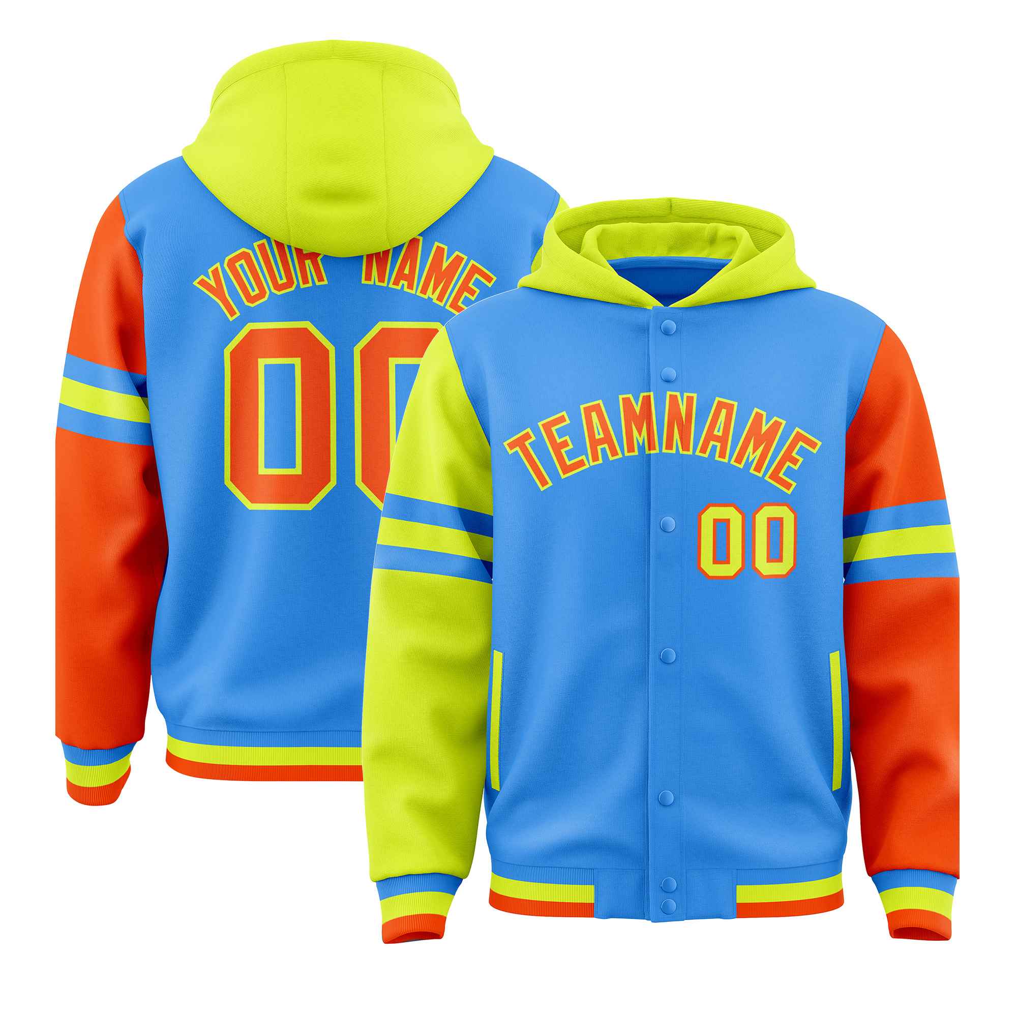 Custom Powder Blue Fluorescent Green-Orange Raglan Sleeves Varsity Full-Snap Letterman Three Stripes Jacket Hoodie| KXKSHOP