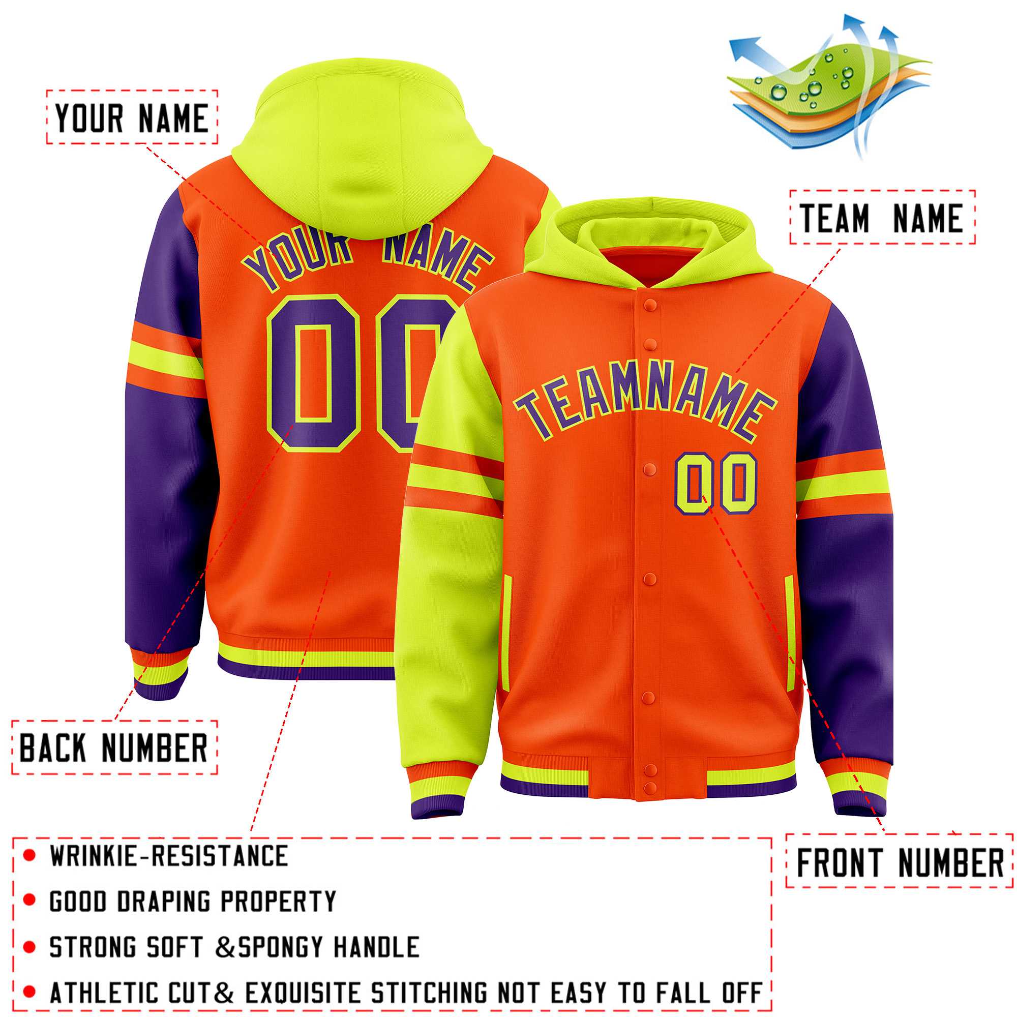 Custom Orange Fluorescent Green-Purple Raglan Sleeves Varsity Full-Snap Letterman Three Stripes Jacket Hoodie| KXKSHOP