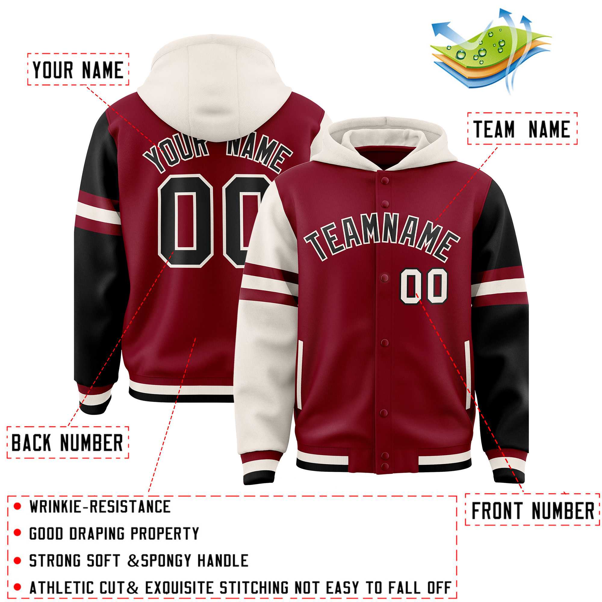 Custom Crimson Cream-Black Raglan Sleeves Varsity Full-Snap Letterman Three Stripes Jacket Hoodie| KXKSHOP