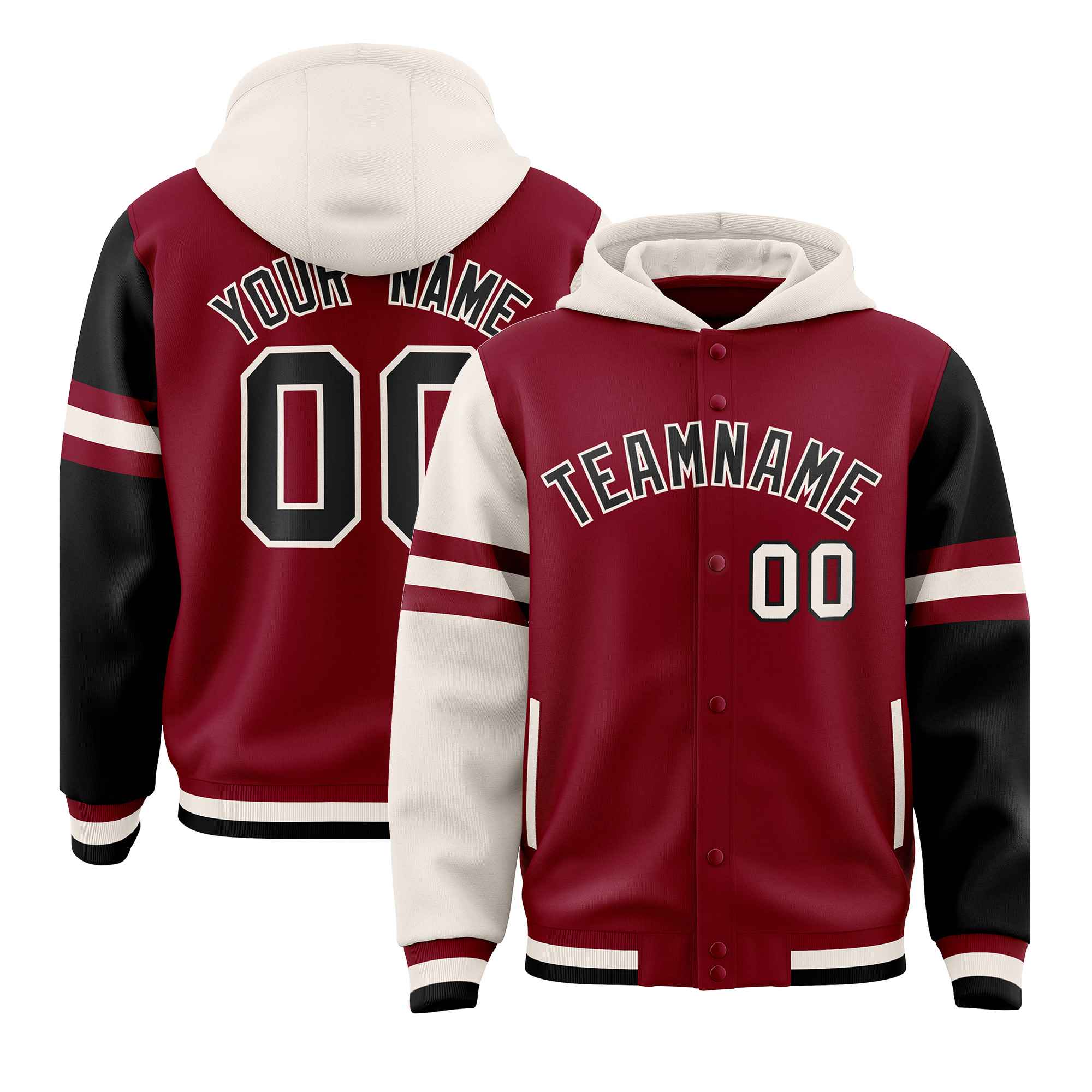 Custom Crimson Cream-Black Raglan Sleeves Varsity Full-Snap Letterman Three Stripes Jacket Hoodie| KXKSHOP