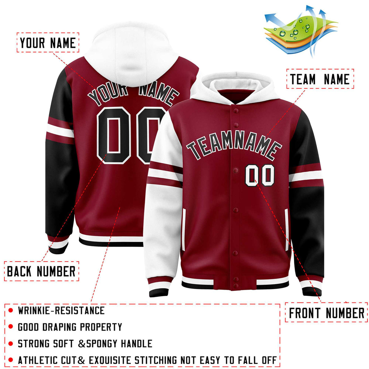 Custom Crimson White-Black Raglan Sleeves Varsity Full-Snap Letterman Three Stripes Jacket Hoodie| KXKSHOP