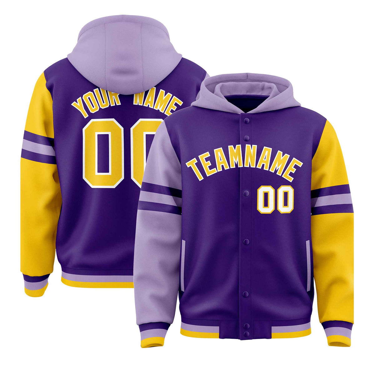 Custom Purple Light Purple-Gold Raglan Sleeves Varsity Full-Snap Letterman Three Stripes Jacket Hoodie| KXKSHOP