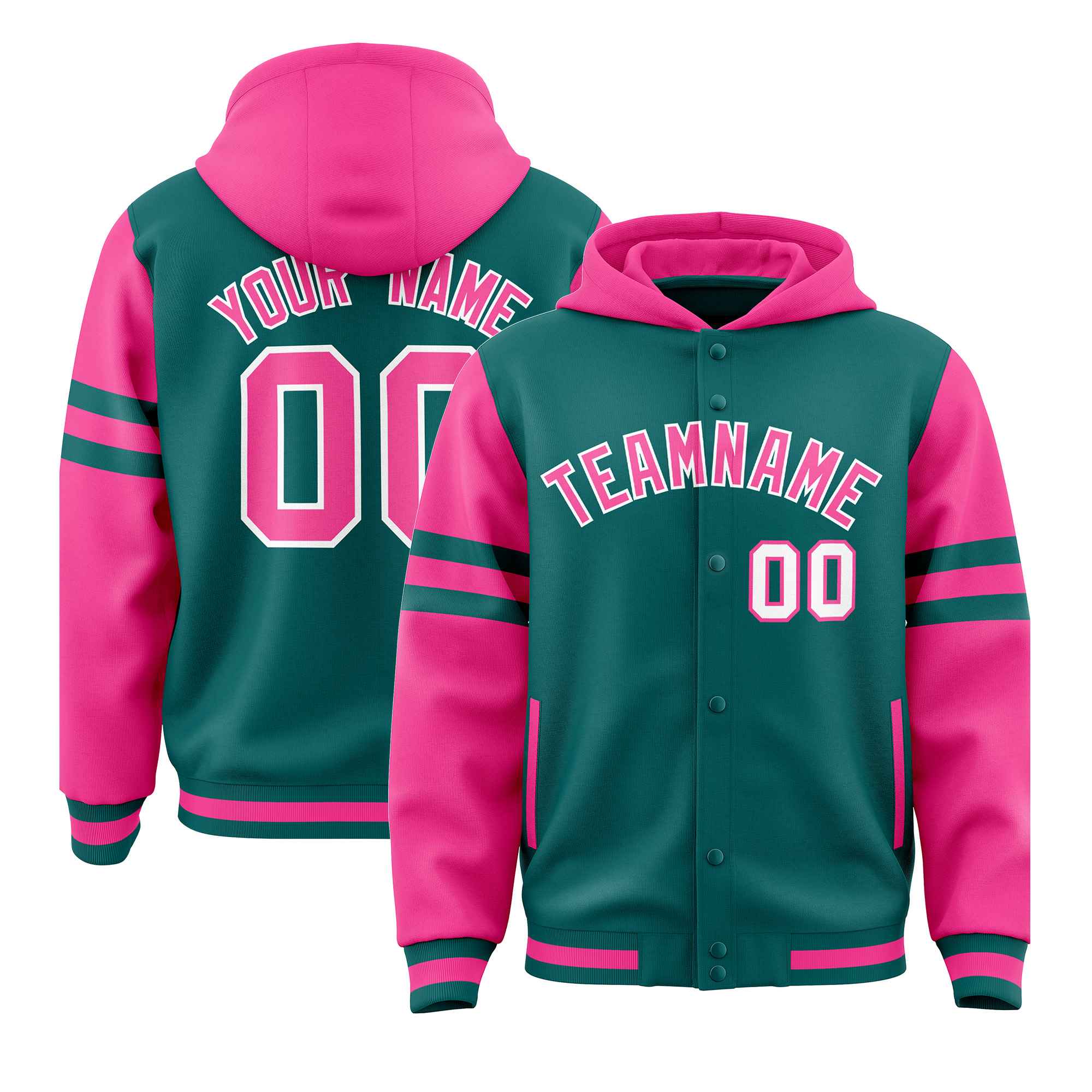 Custom Aqua Pink Raglan Sleeves Varsity Full-Snap Letterman Three Stripes Jacket Hoodie| KXKSHOP