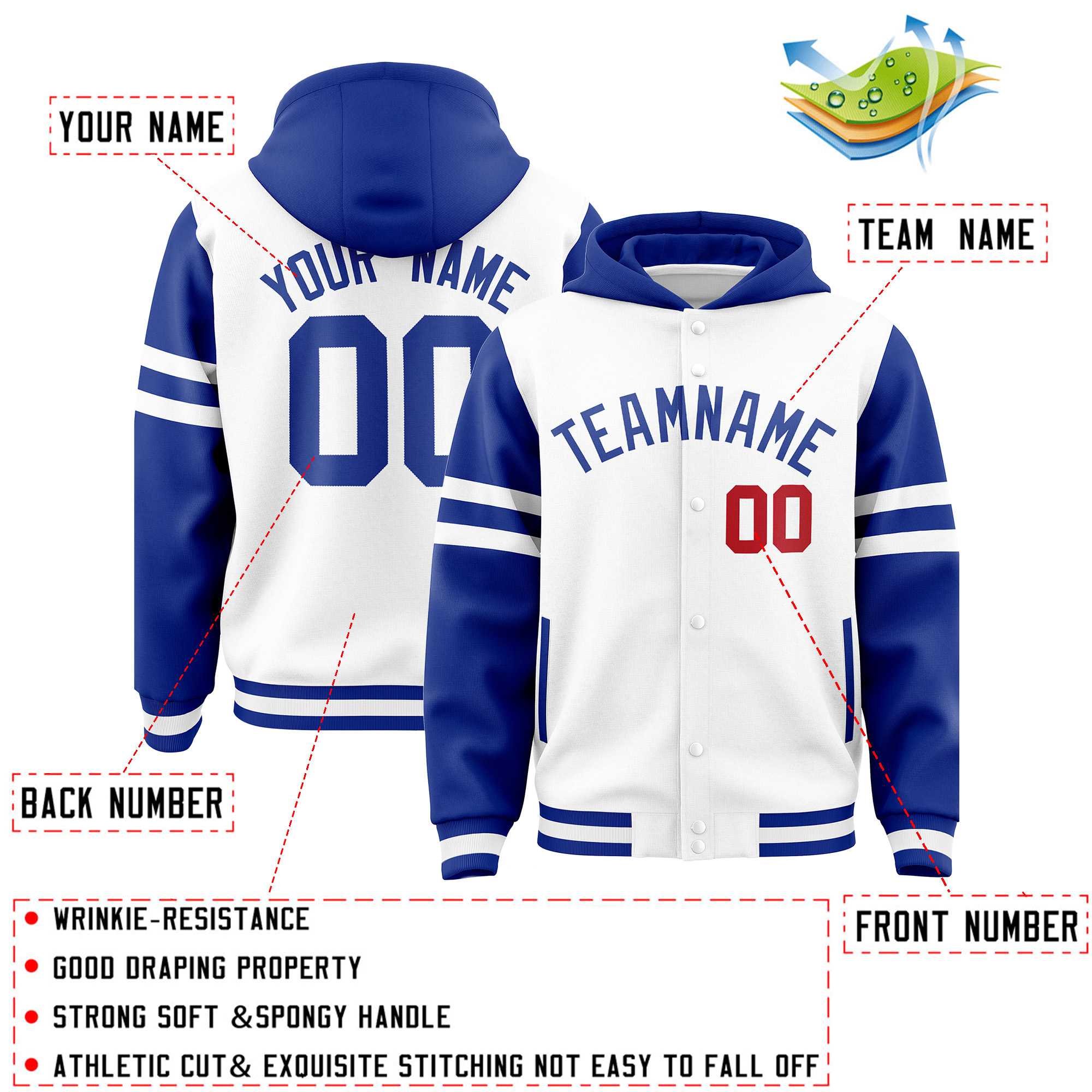 Custom White Royal Raglan Sleeves Varsity Full-Snap Letterman Three Stripes Jacket Hoodie| KXKSHOP