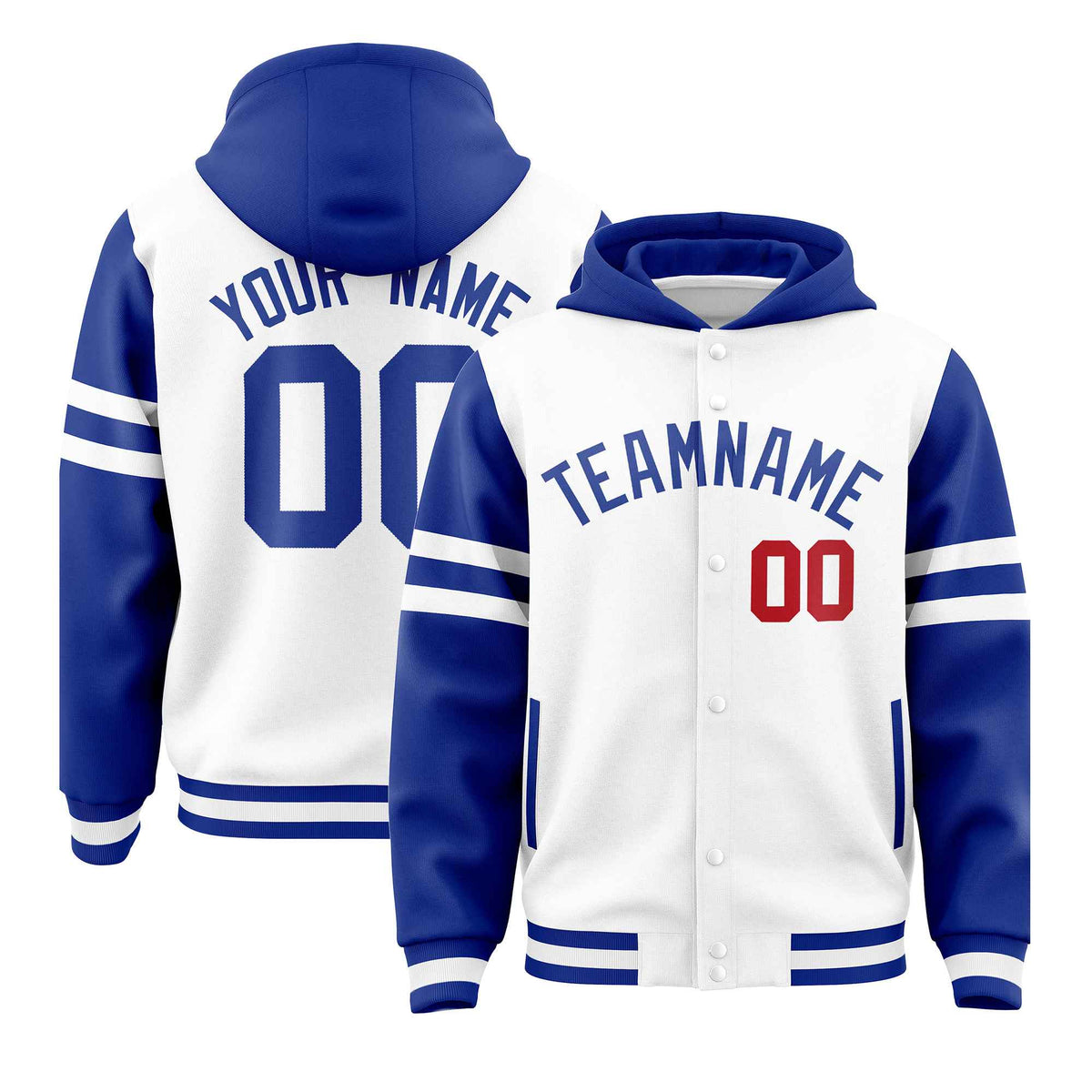 Custom White Royal Raglan Sleeves Varsity Full-Snap Letterman Three Stripes Jacket Hoodie| KXKSHOP