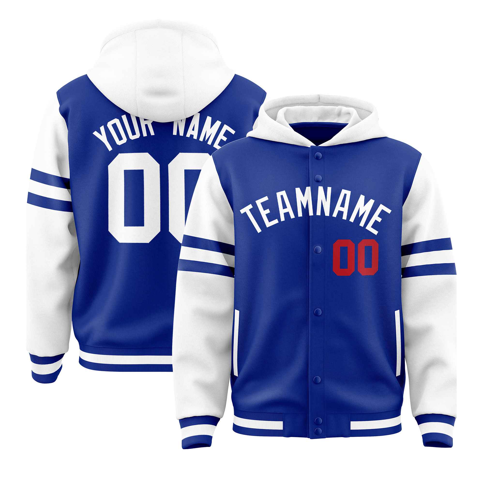 Custom Royal White Raglan Sleeves Varsity Full-Snap Letterman Three Stripes Jacket Hoodie| KXKSHOP