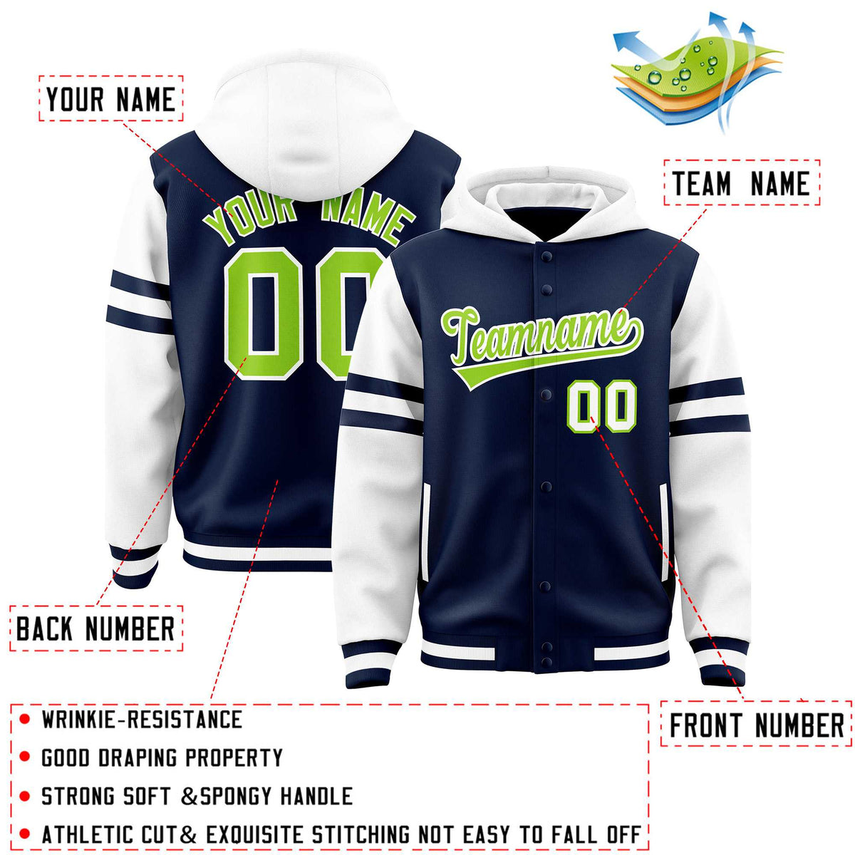 Custom Navy White Raglan Sleeves Varsity Full-Snap Letterman Three Stripes Jacket Hoodie| KXKSHOP