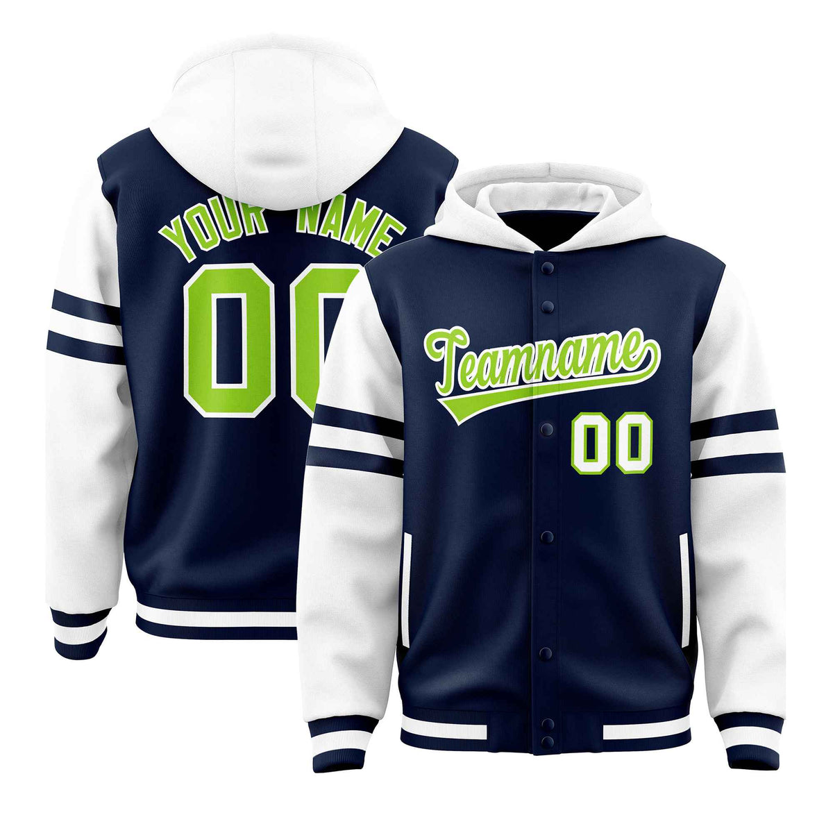 Custom Navy White Raglan Sleeves Varsity Full-Snap Letterman Three Stripes Jacket Hoodie| KXKSHOP