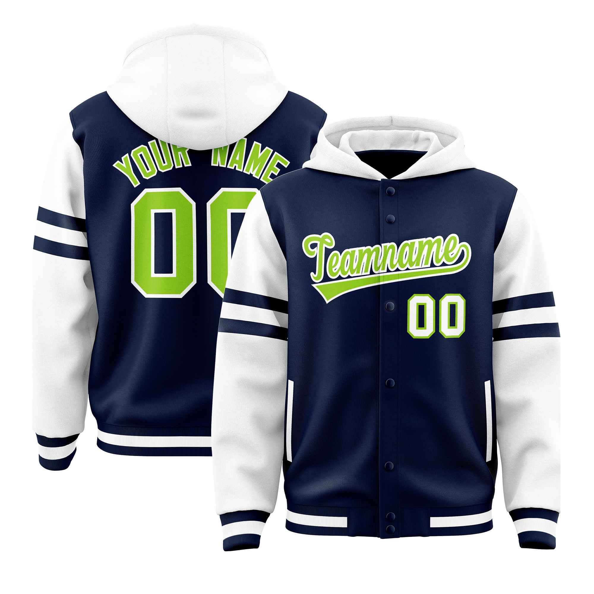 Custom Navy White Raglan Sleeves Varsity Full-Snap Letterman Three Stripes Jacket Hoodie| KXKSHOP