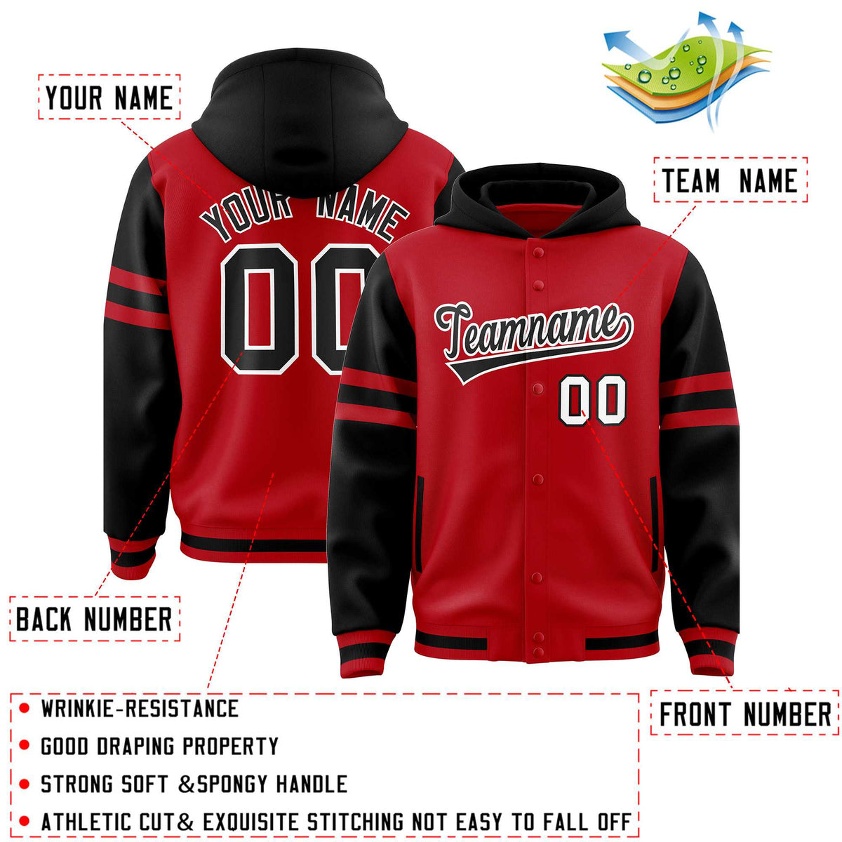 Custom Red Black Raglan Sleeves Varsity Full-Snap Letterman Three Stripes Jacket Hoodie| KXKSHOP