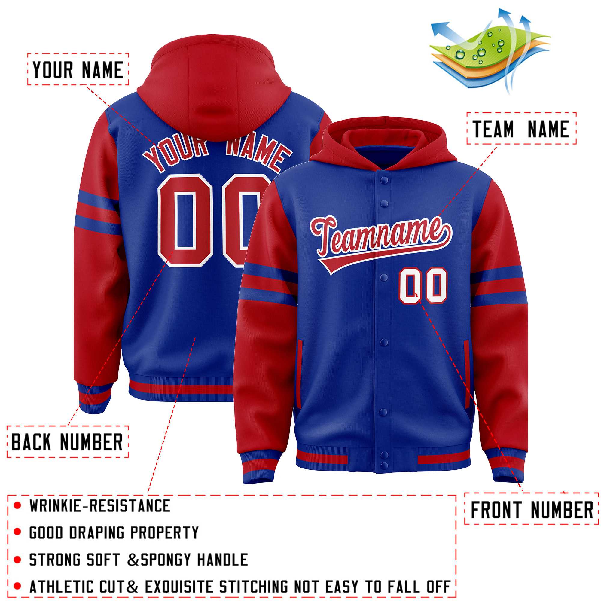 Custom Royal Red Raglan Sleeves Varsity Full-Snap Letterman Three Stripes Jacket Hoodie| KXKSHOP