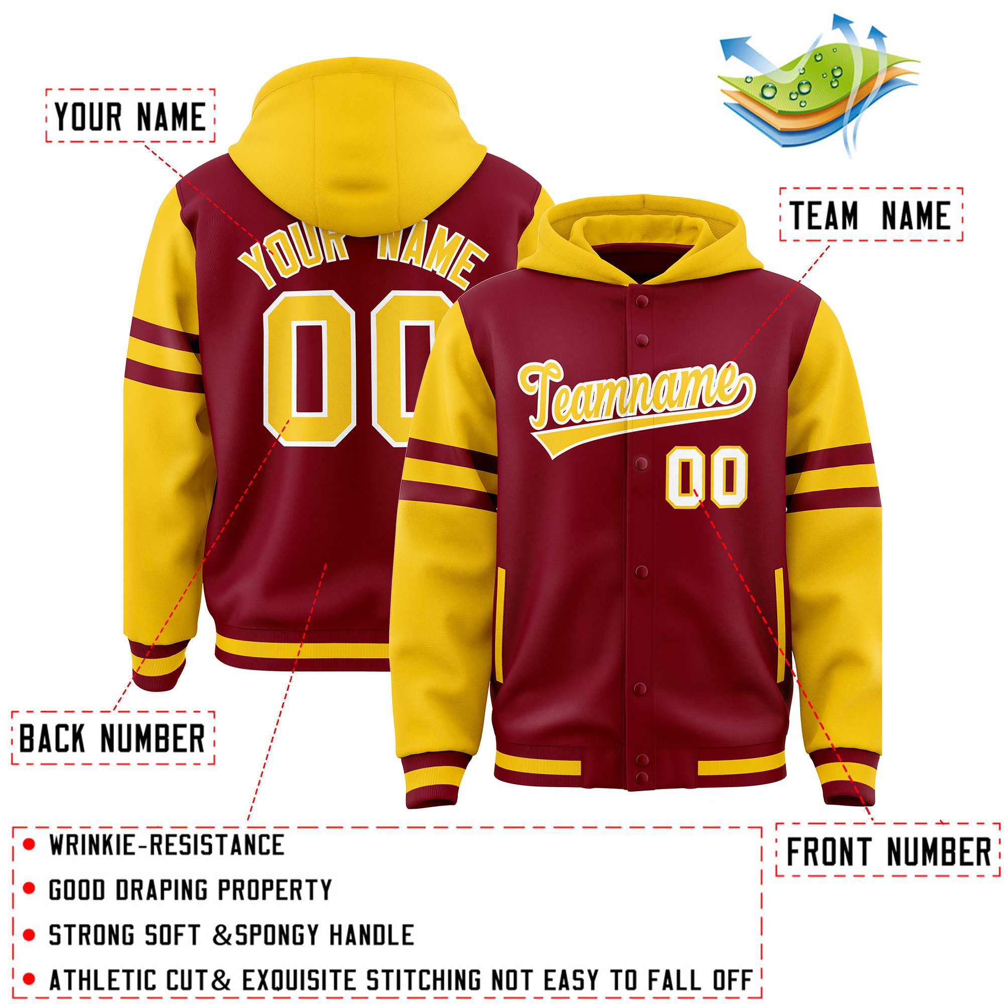 Custom Crimson Gold Raglan Sleeves Varsity Full-Snap Letterman Three Stripes Jacket Hoodie| KXKSHOP