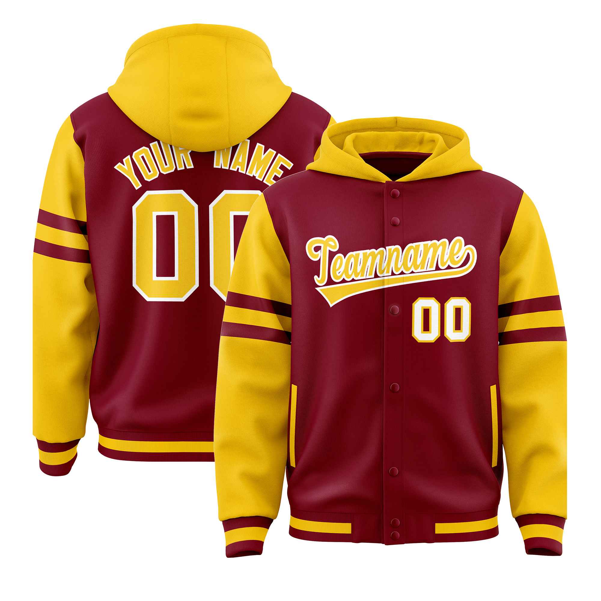 Custom Crimson Gold Raglan Sleeves Varsity Full-Snap Letterman Three Stripes Jacket Hoodie| KXKSHOP