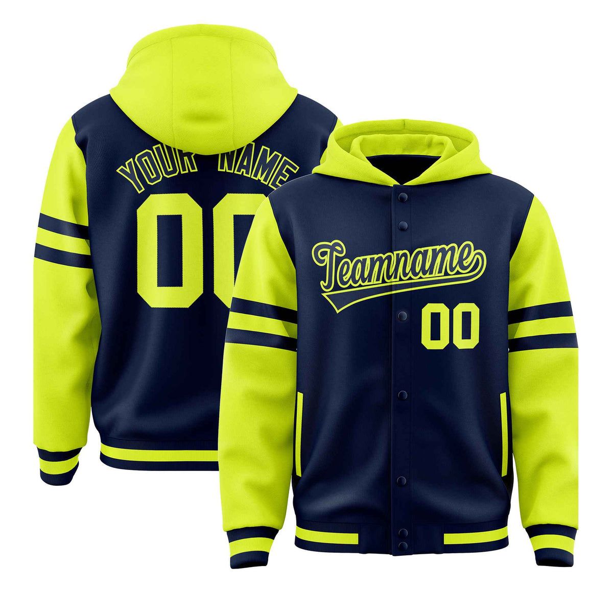 Custom Navy Fluorescent Green Raglan Sleeves Varsity Full-Snap Letterman Three Stripes Jacket Hoodie| KXKSHOP