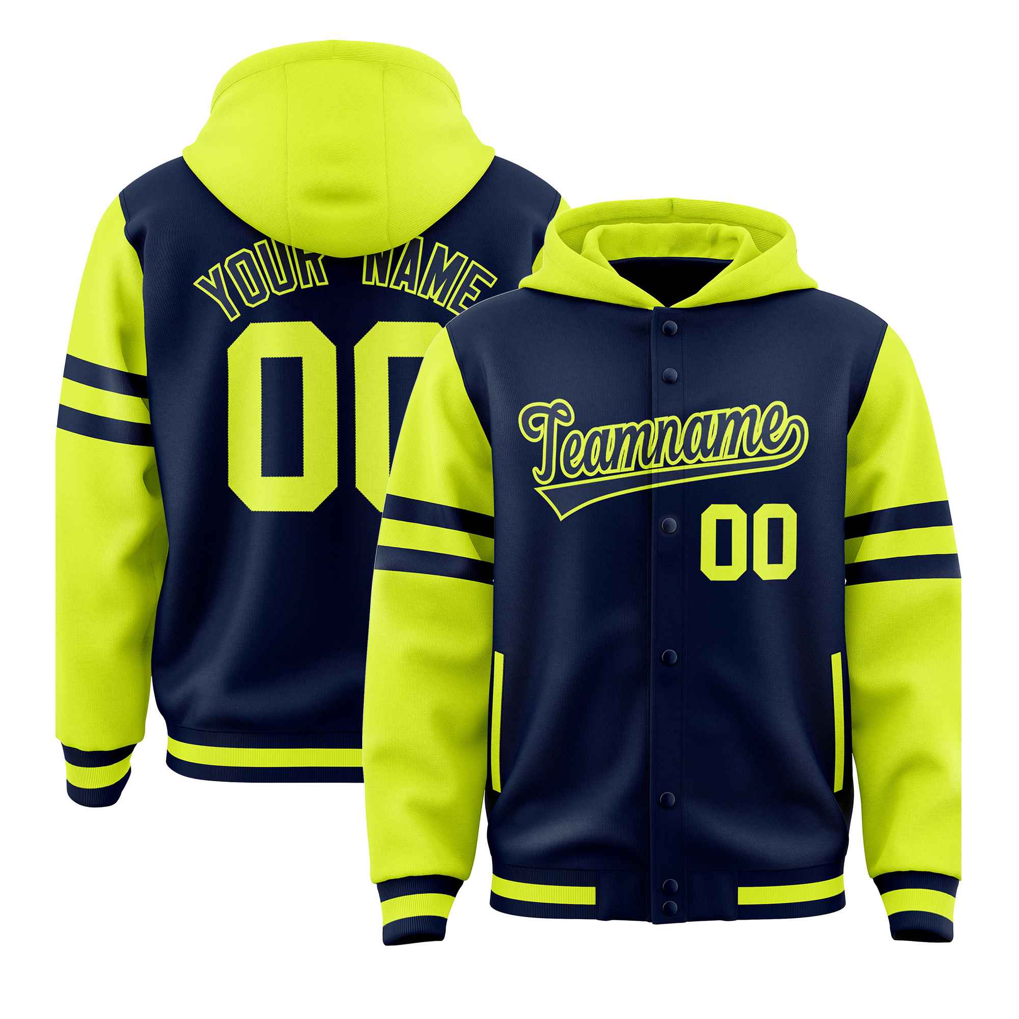 Custom Navy Fluorescent Green Raglan Sleeves Varsity Full-Snap Letterman Three Stripes Jacket Hoodie| KXKSHOP