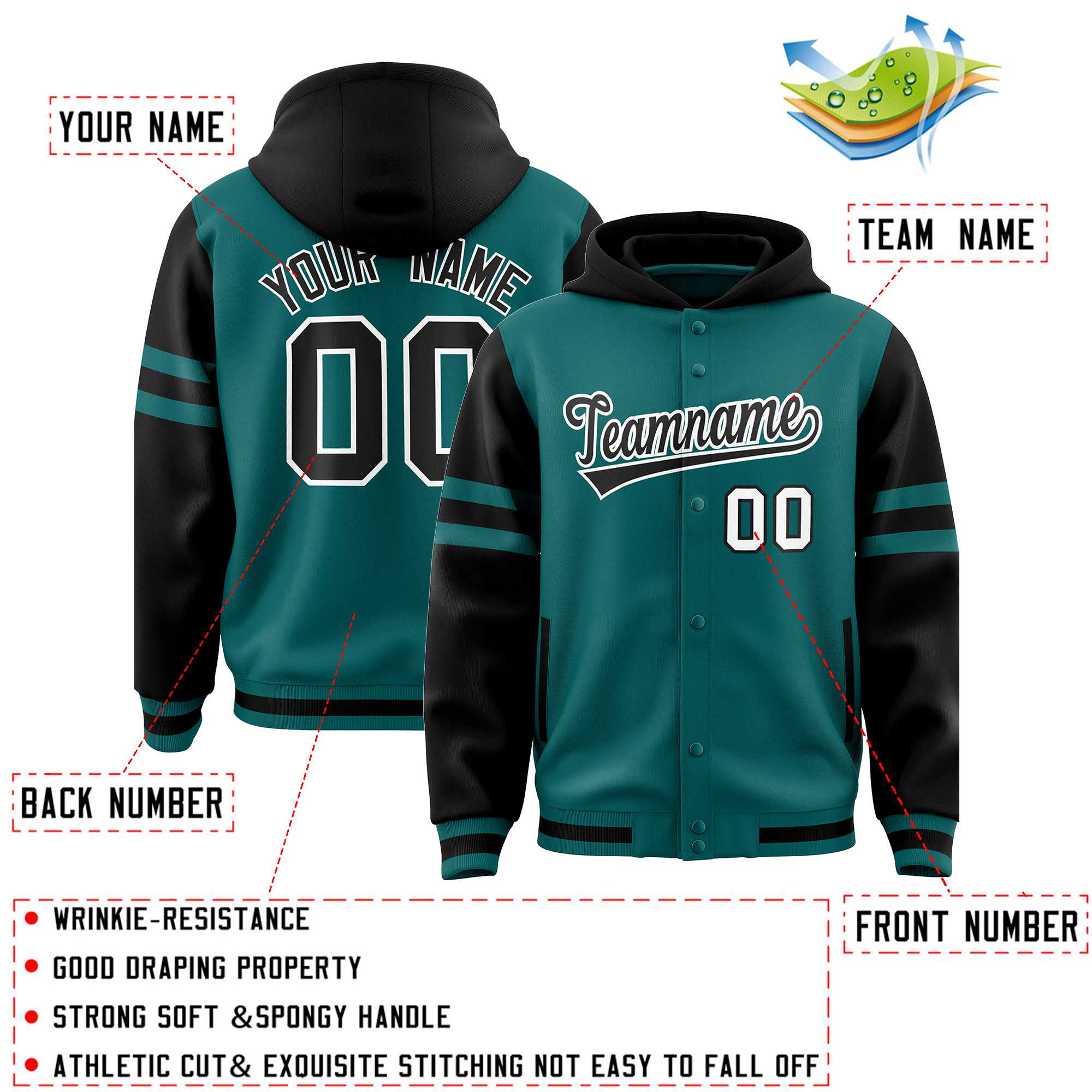 Custom Aqua Black Raglan Sleeves Varsity Full-Snap Letterman Three Stripes Jacket Hoodie| KXKSHOP