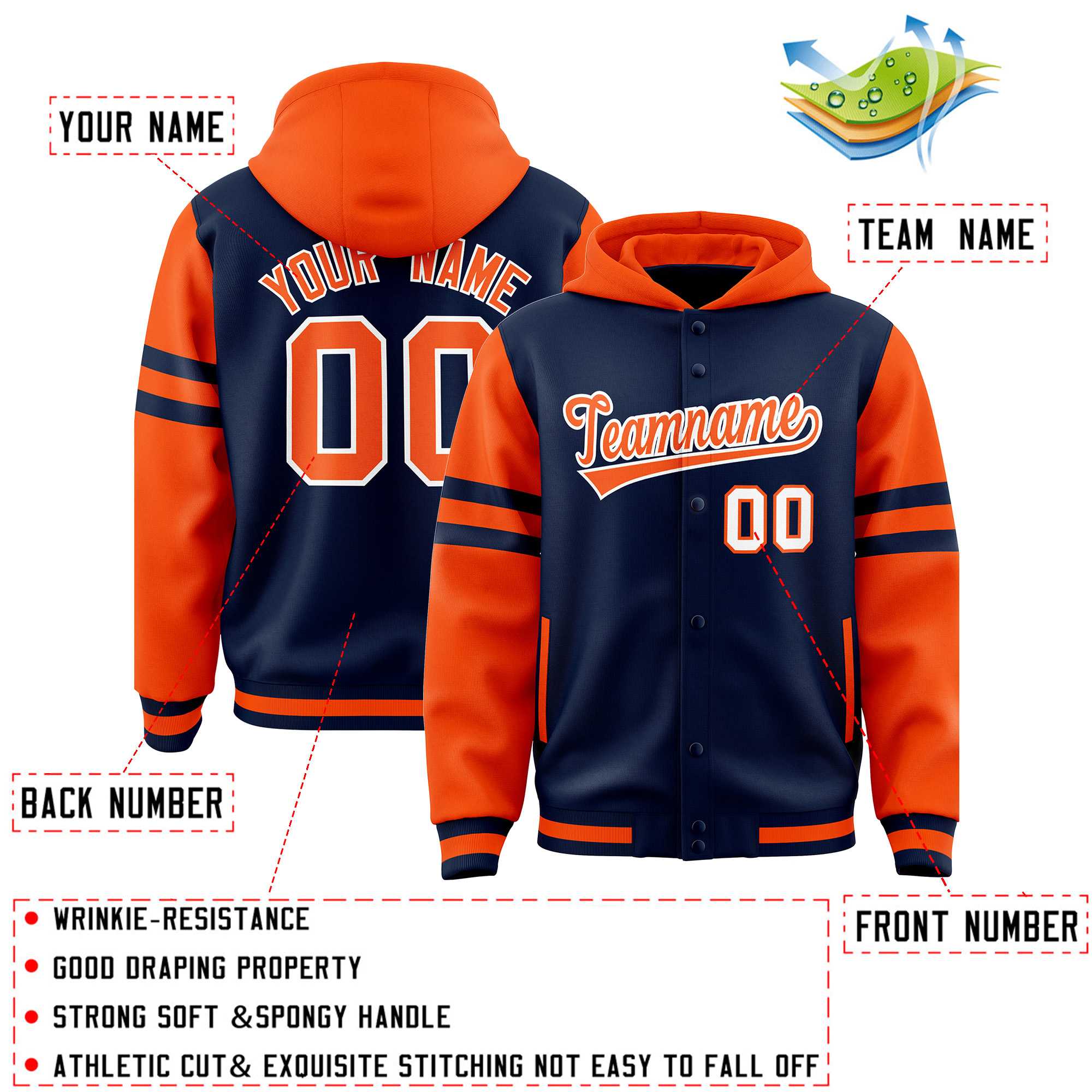 Custom Navy Orange Raglan Sleeves Varsity Full-Snap Letterman Three Stripes Jacket Hoodie| KXKSHOP