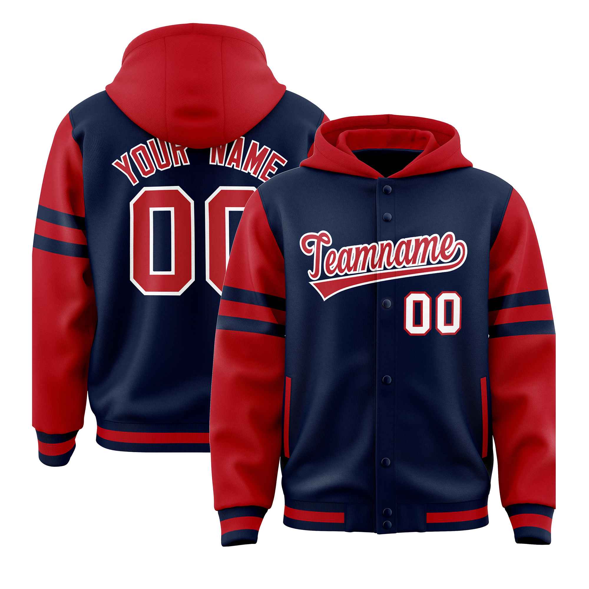 Custom Navy Red Raglan Sleeves Varsity Full-Snap Letterman Three Stripes Jacket Hoodie| KXKSHOP