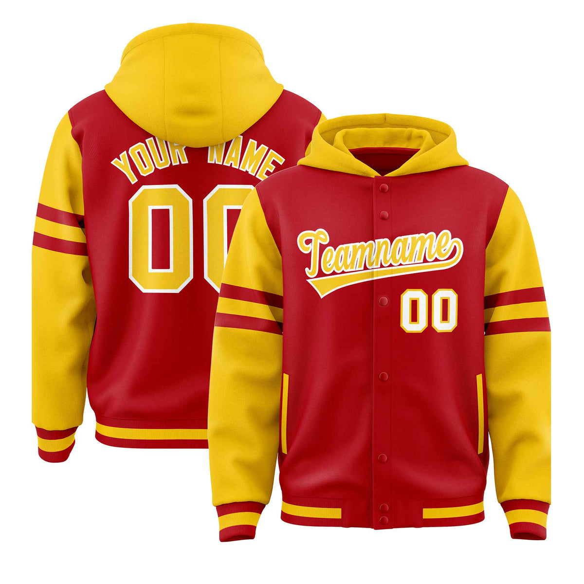 Custom Red Gold Raglan Sleeves Varsity Full-Snap Letterman Three Stripes Jacket Hoodie| KXKSHOP
