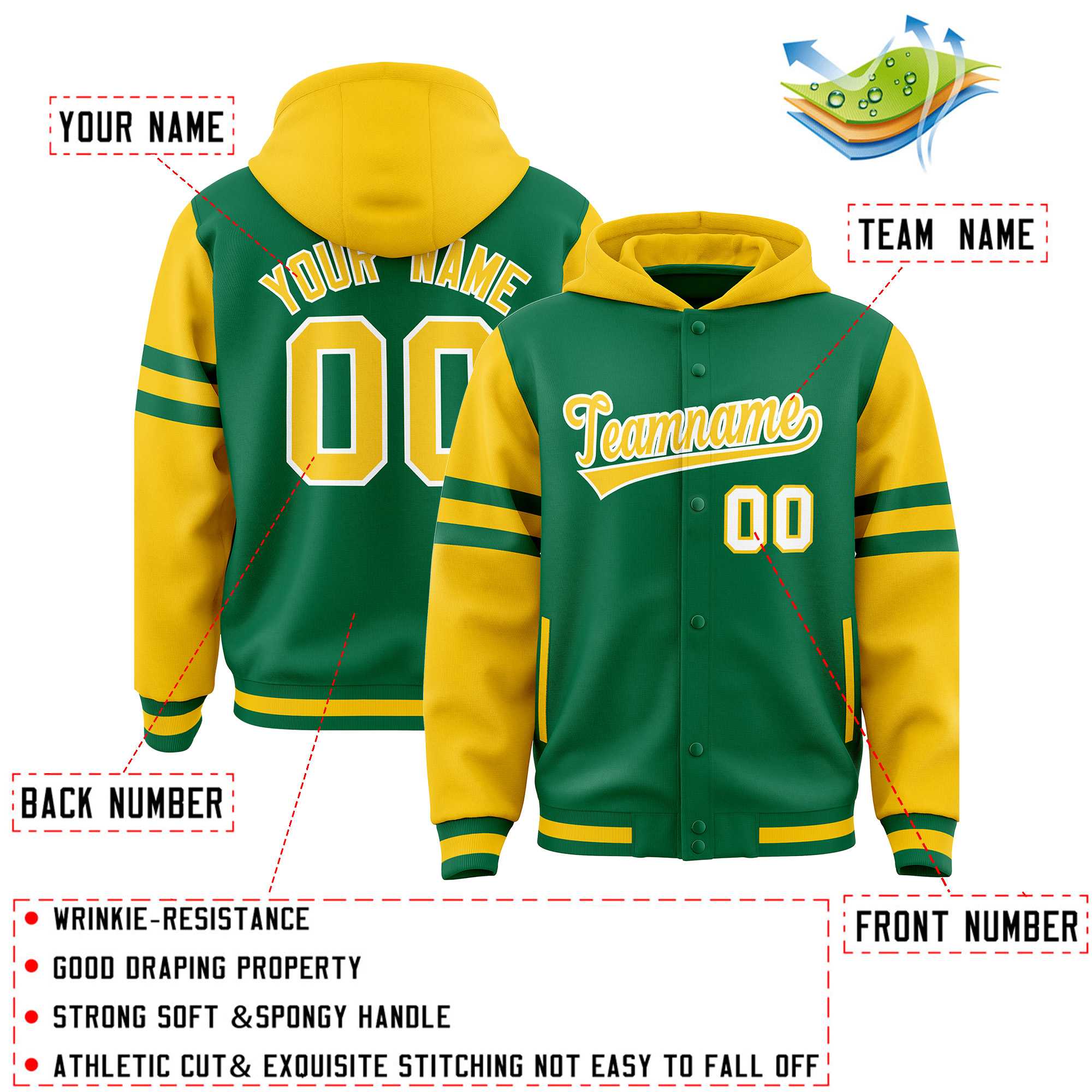 Custom Kelly Green Gold Raglan Sleeves Varsity Full-Snap Letterman Three Stripes Jacket Hoodie| KXKSHOP