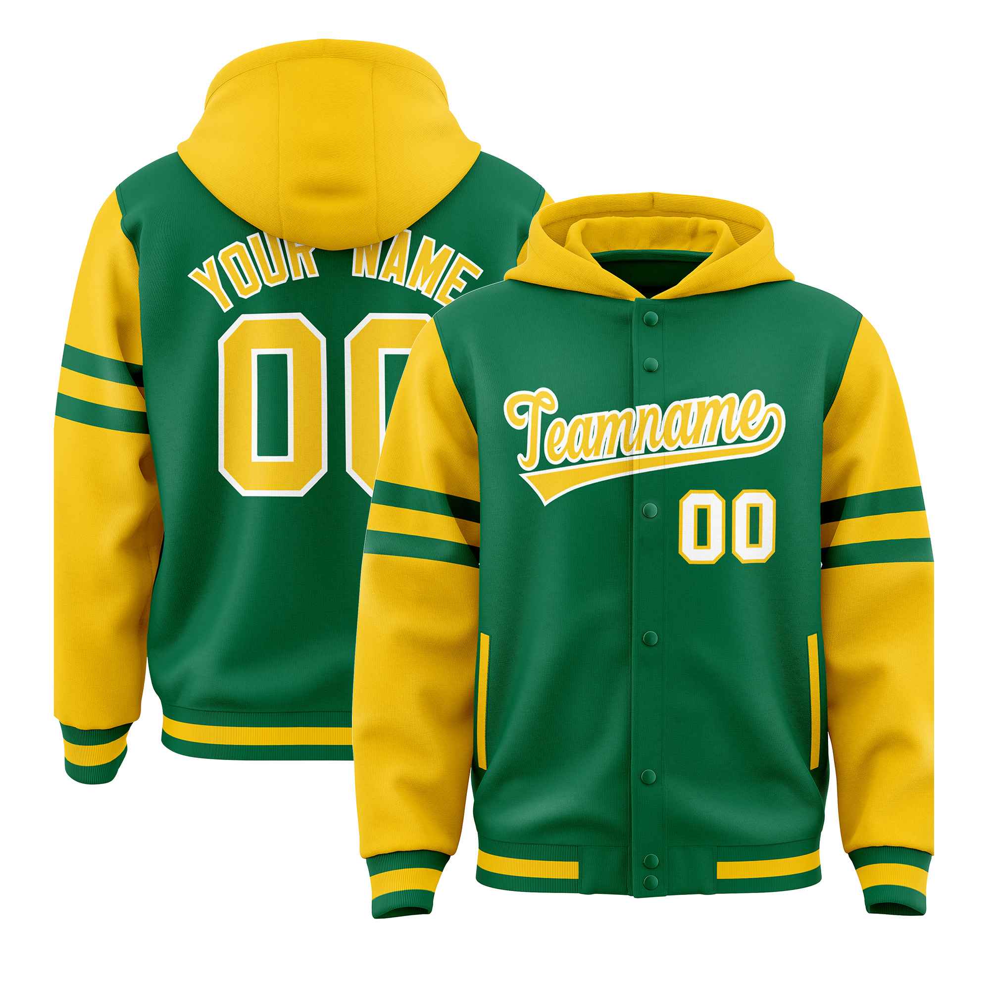Custom Kelly Green Gold Raglan Sleeves Varsity Full-Snap Letterman Three Stripes Jacket Hoodie| KXKSHOP