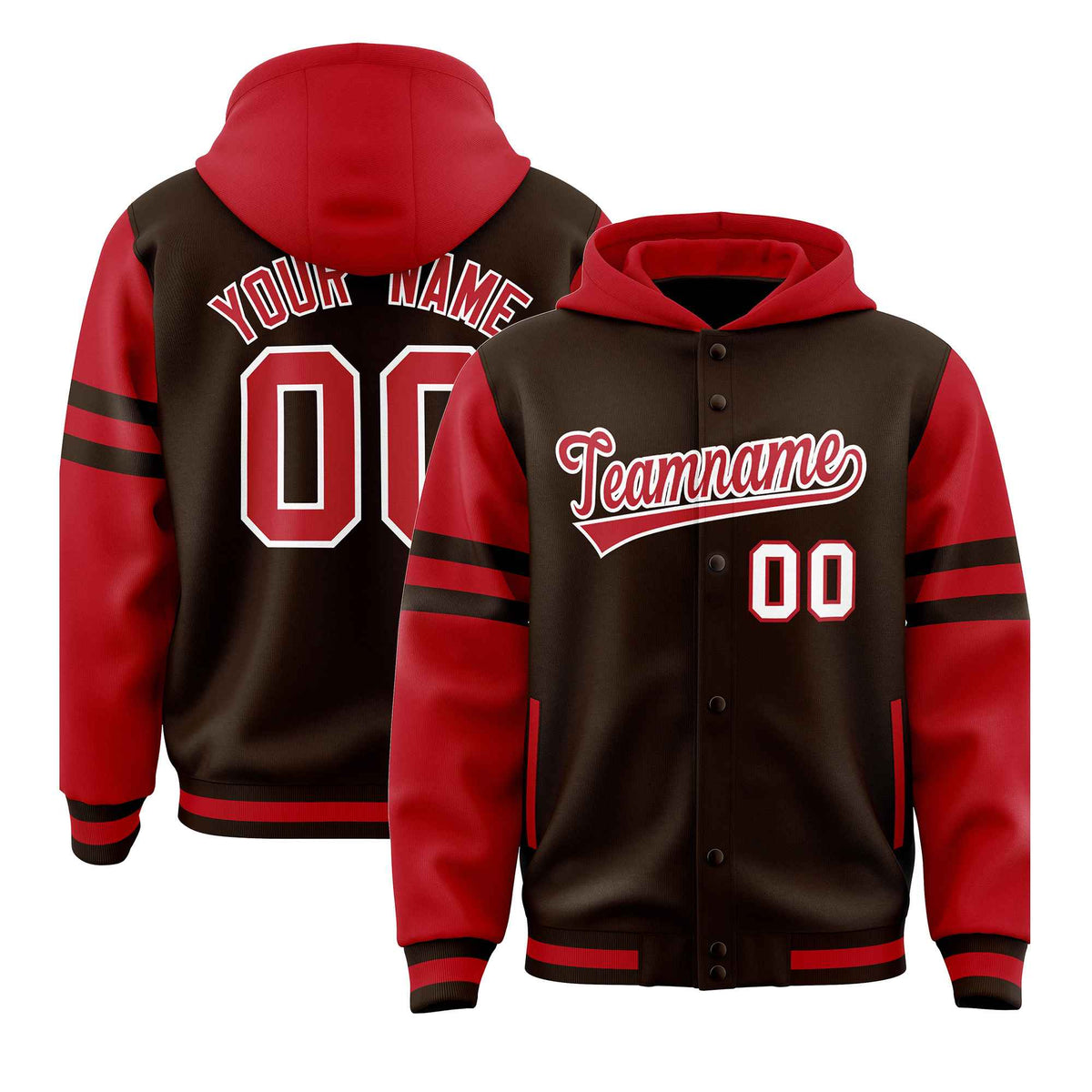 Custom Brown Red Raglan Sleeves Varsity Full-Snap Letterman Three Stripes Jacket Hoodie| KXKSHOP