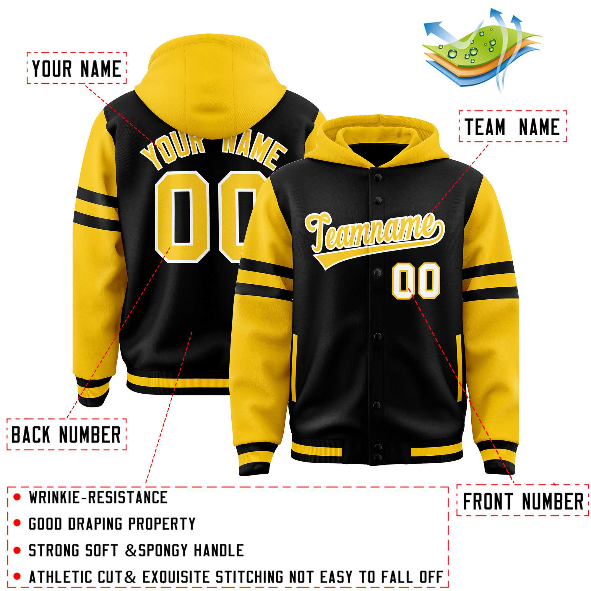 Custom Black Gold Raglan Sleeves Varsity Full-Snap Letterman Three Stripes Jacket Hoodie| KXKSHOP