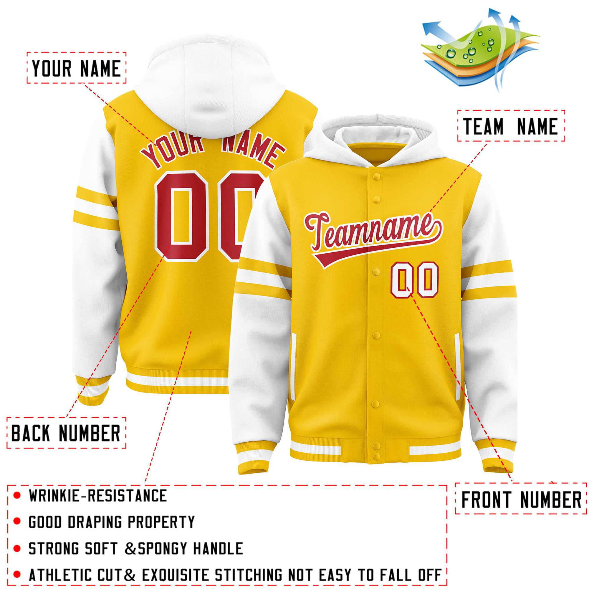 Custom Gold White Raglan Sleeves Varsity Full-Snap Letterman Three Stripes Jacket Hoodie| KXKSHOP