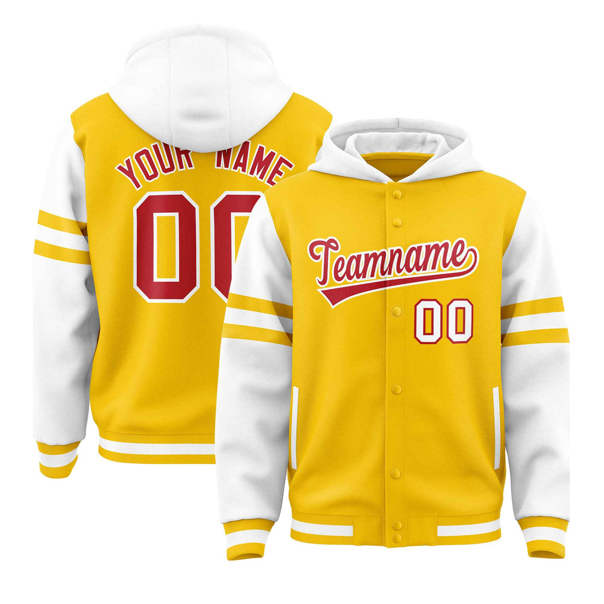 Custom Gold White Raglan Sleeves Varsity Full-Snap Letterman Three Stripes Jacket Hoodie| KXKSHOP