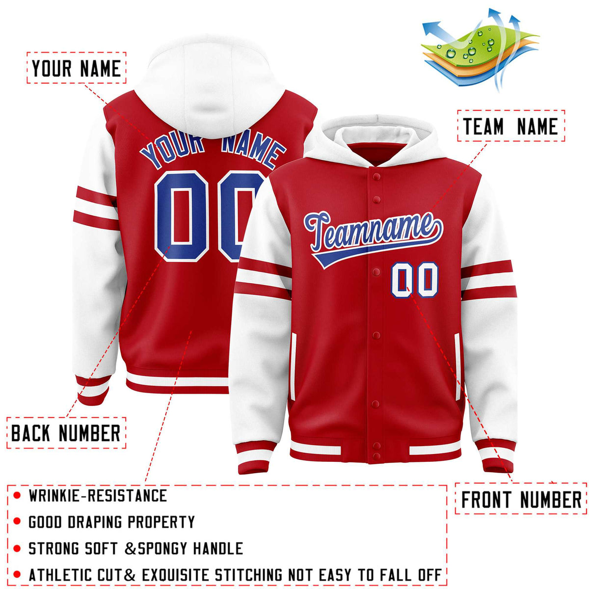 Custom Red White Raglan Sleeves Varsity Full-Snap Letterman Three Stripes Jacket Hoodie| KXKSHOP