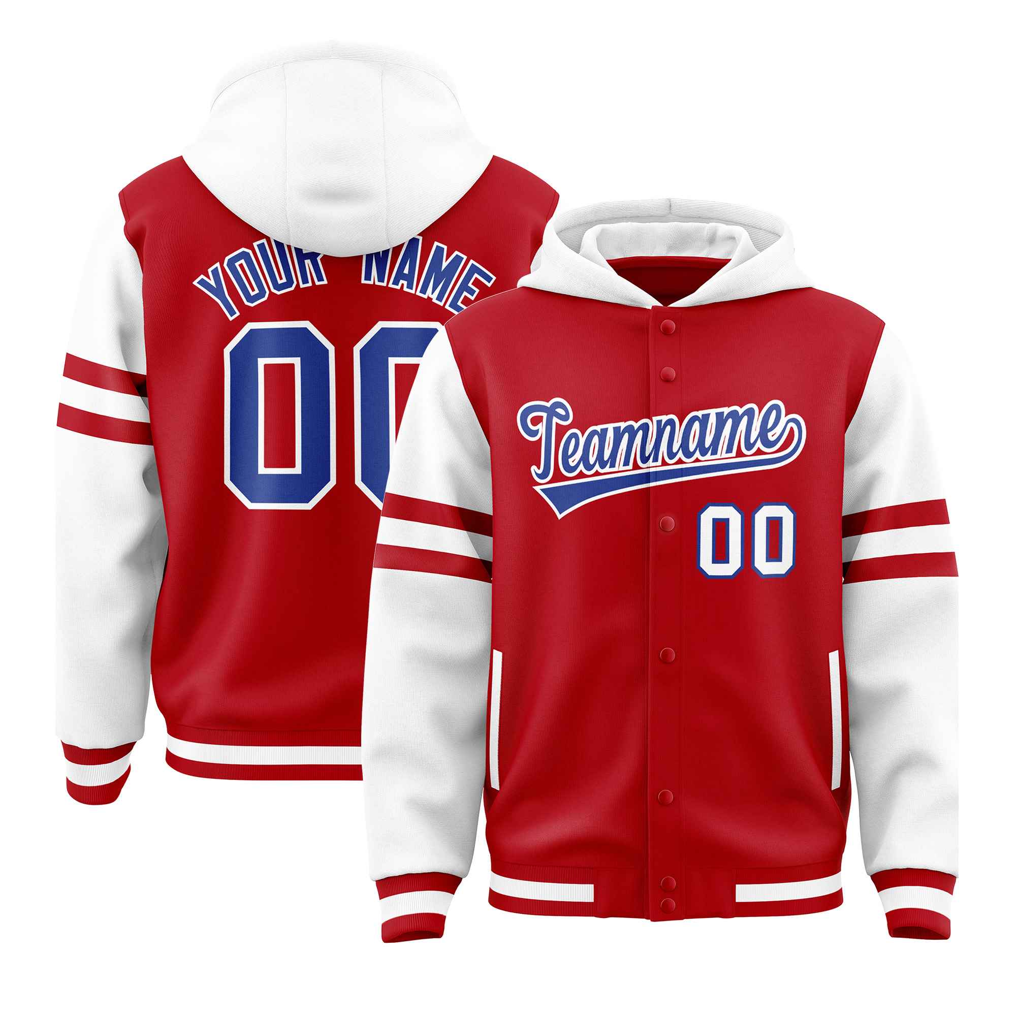 Custom Red White Raglan Sleeves Varsity Full-Snap Letterman Three Stripes Jacket Hoodie| KXKSHOP