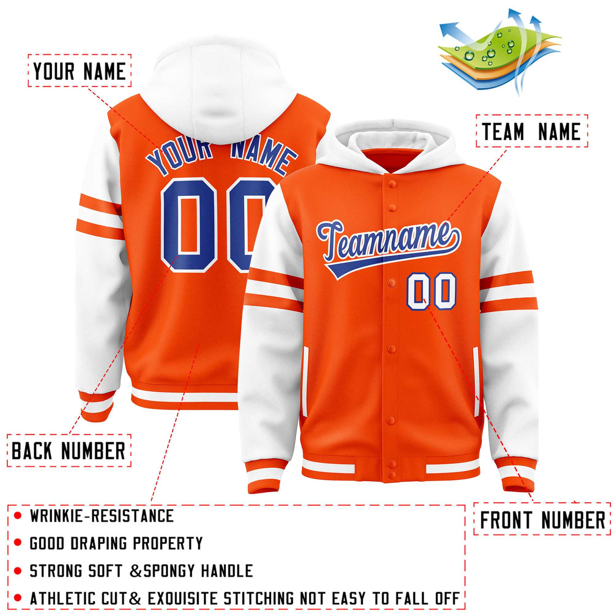 Custom Orange White Raglan Sleeves Varsity Full-Snap Letterman Three Stripes Jacket Hoodie| KXKSHOP