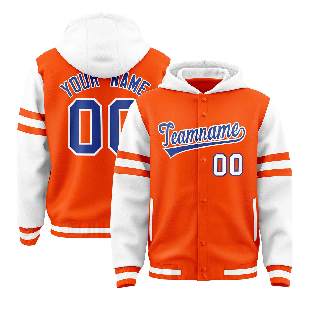 Custom Orange White Raglan Sleeves Varsity Full-Snap Letterman Three Stripes Jacket Hoodie| KXKSHOP