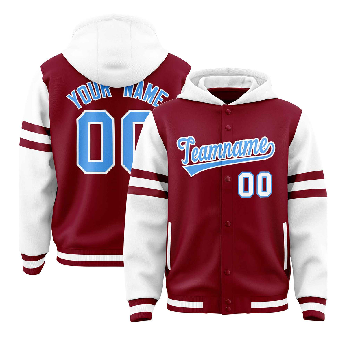 Custom Crimson White Raglan Sleeves Varsity Full-Snap Letterman Three Stripes Jacket Hoodie| KXKSHOP