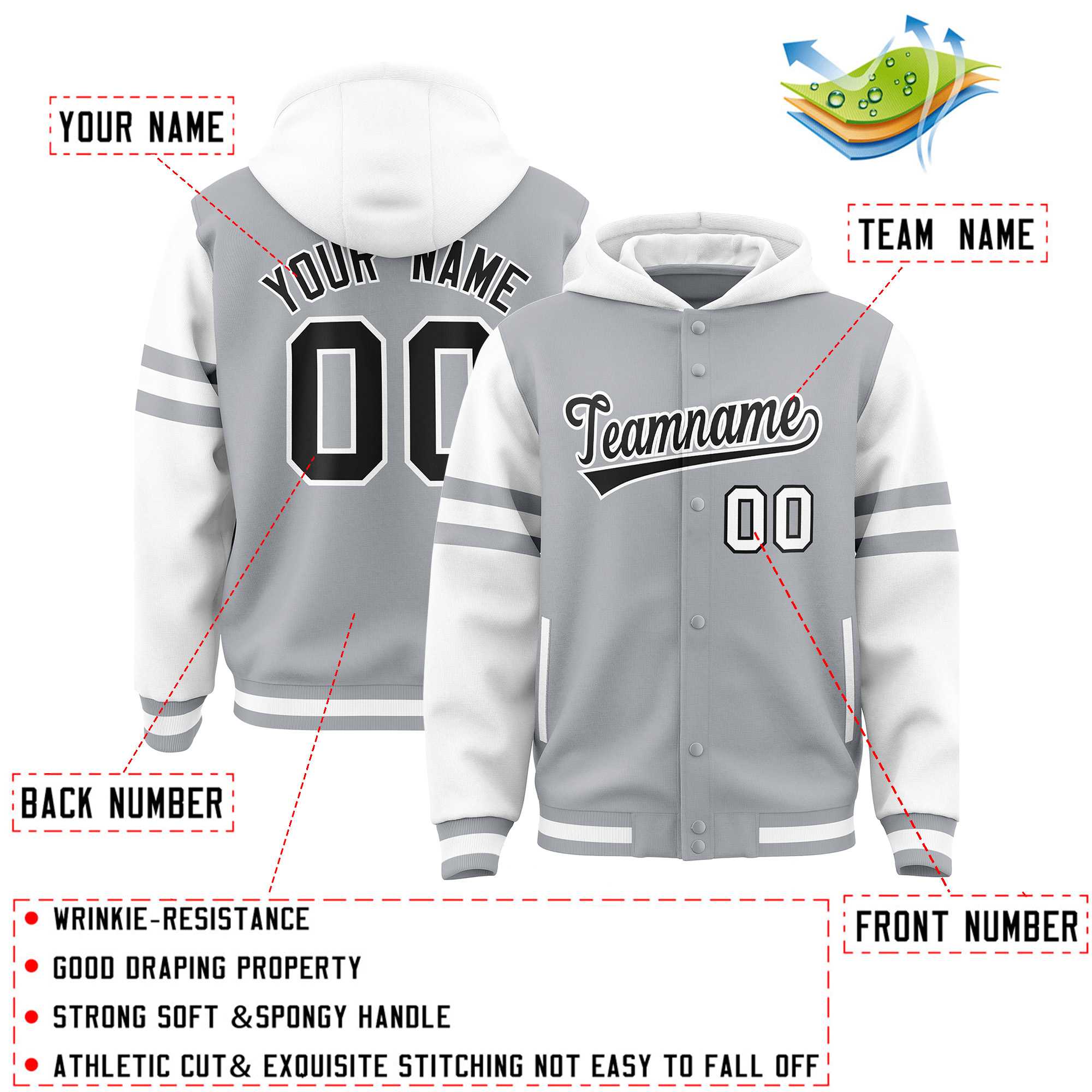Custom Silver White Raglan Sleeves Varsity Full-Snap Letterman Three Stripes Jacket Hoodie| KXKSHOP