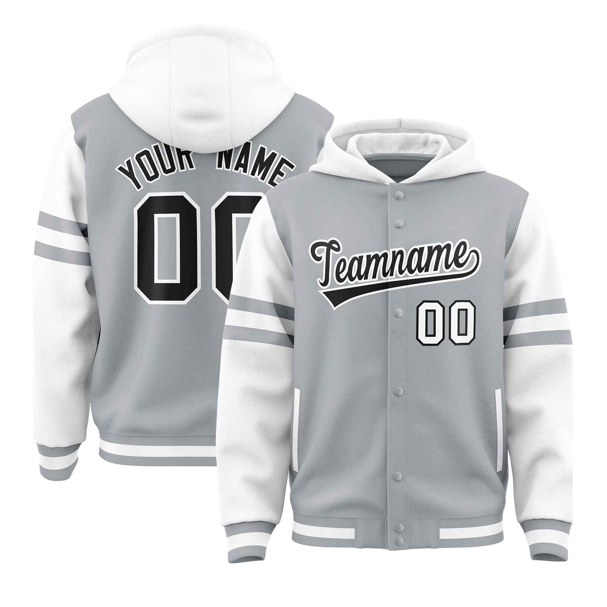 Custom Silver White Raglan Sleeves Varsity Full-Snap Letterman Three Stripes Jacket Hoodie| KXKSHOP