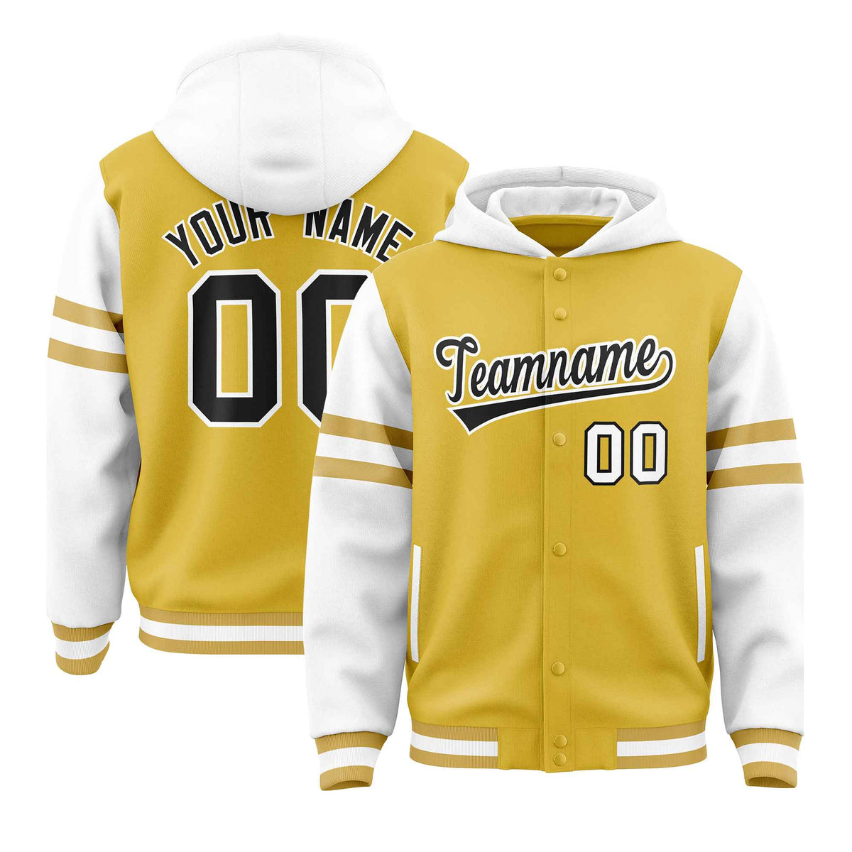 Custom Old Gold White Raglan Sleeves Varsity Full-Snap Letterman Three Stripes Jacket Hoodie| KXKSHOP