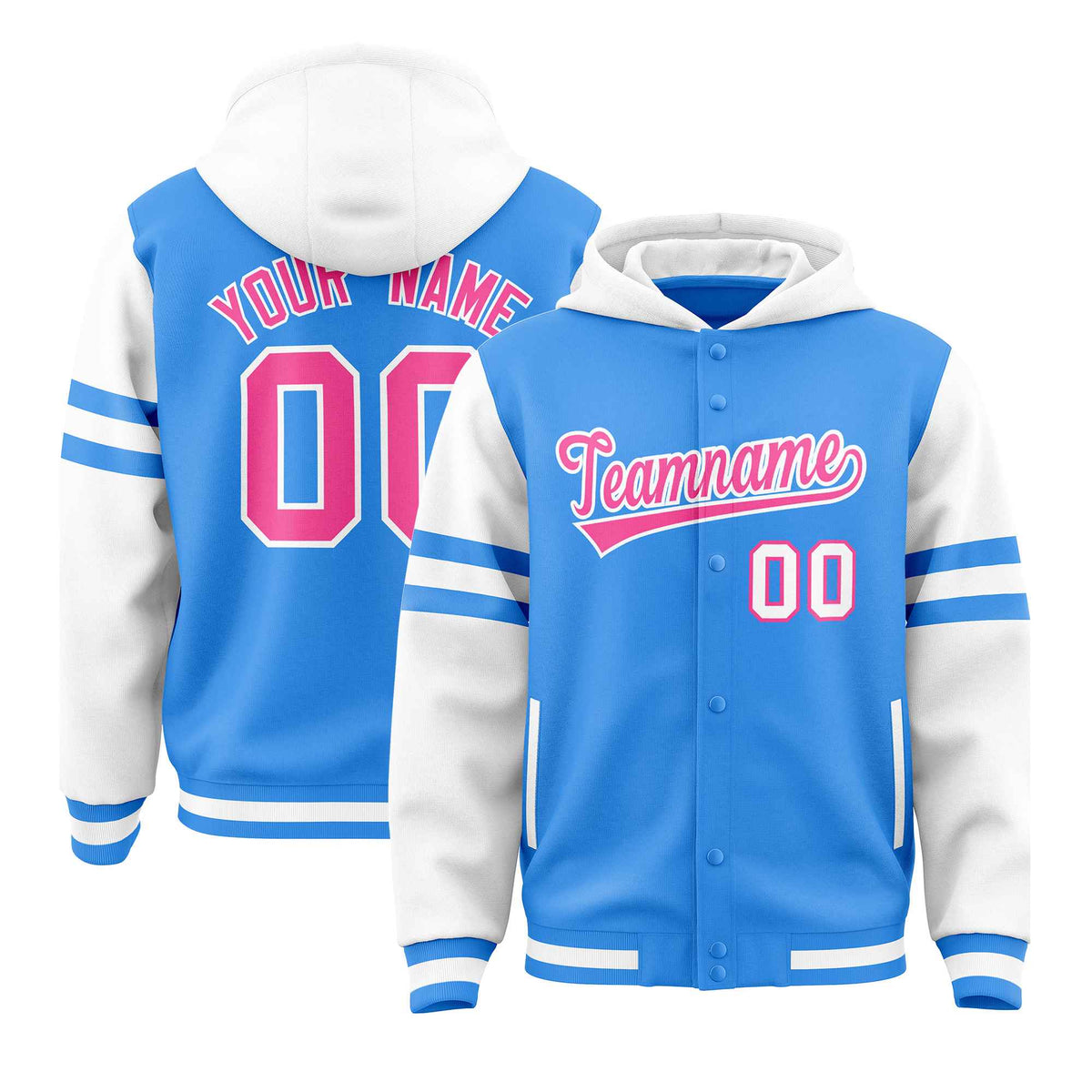 Custom Powder Blue White Raglan Sleeves Varsity Full-Snap Letterman Three Stripes Jacket Hoodie| KXKSHOP