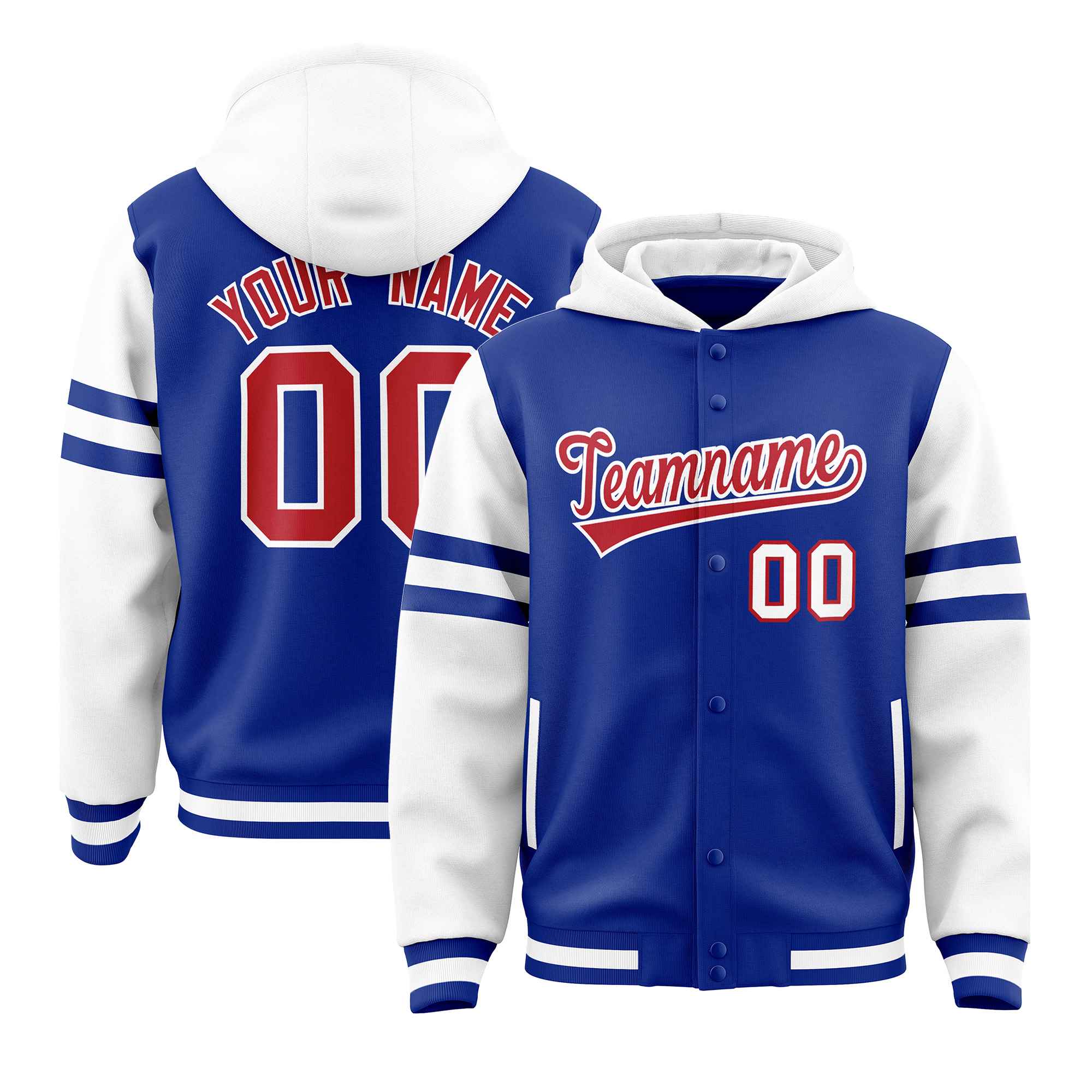 Custom Royal White Raglan Sleeves Varsity Full-Snap Letterman Three Stripes Jacket Hoodie| KXKSHOP