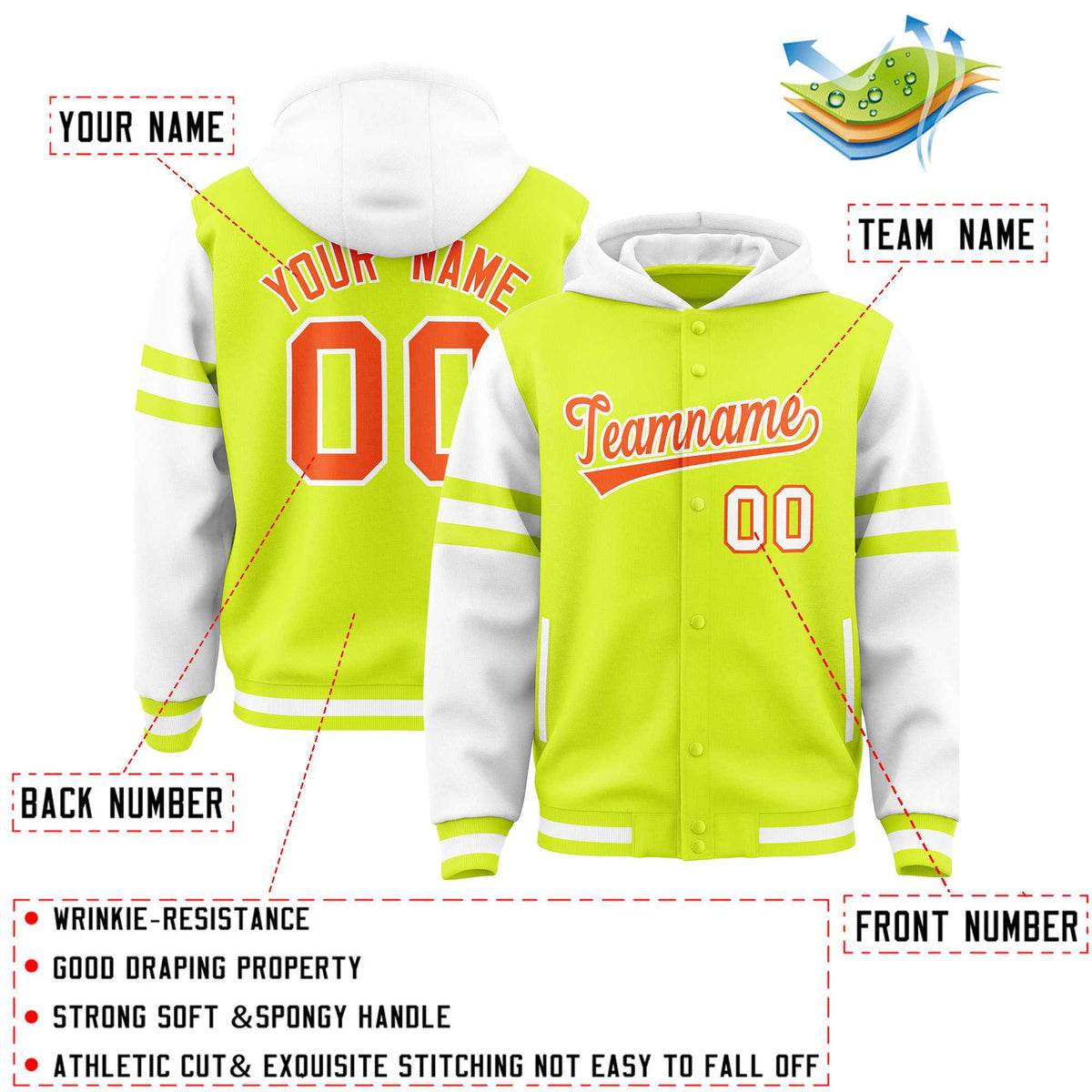 Custom Fluorescent Green White Raglan Sleeves Varsity Full-Snap Letterman Three Stripes Jacket Hoodie| KXKSHOP