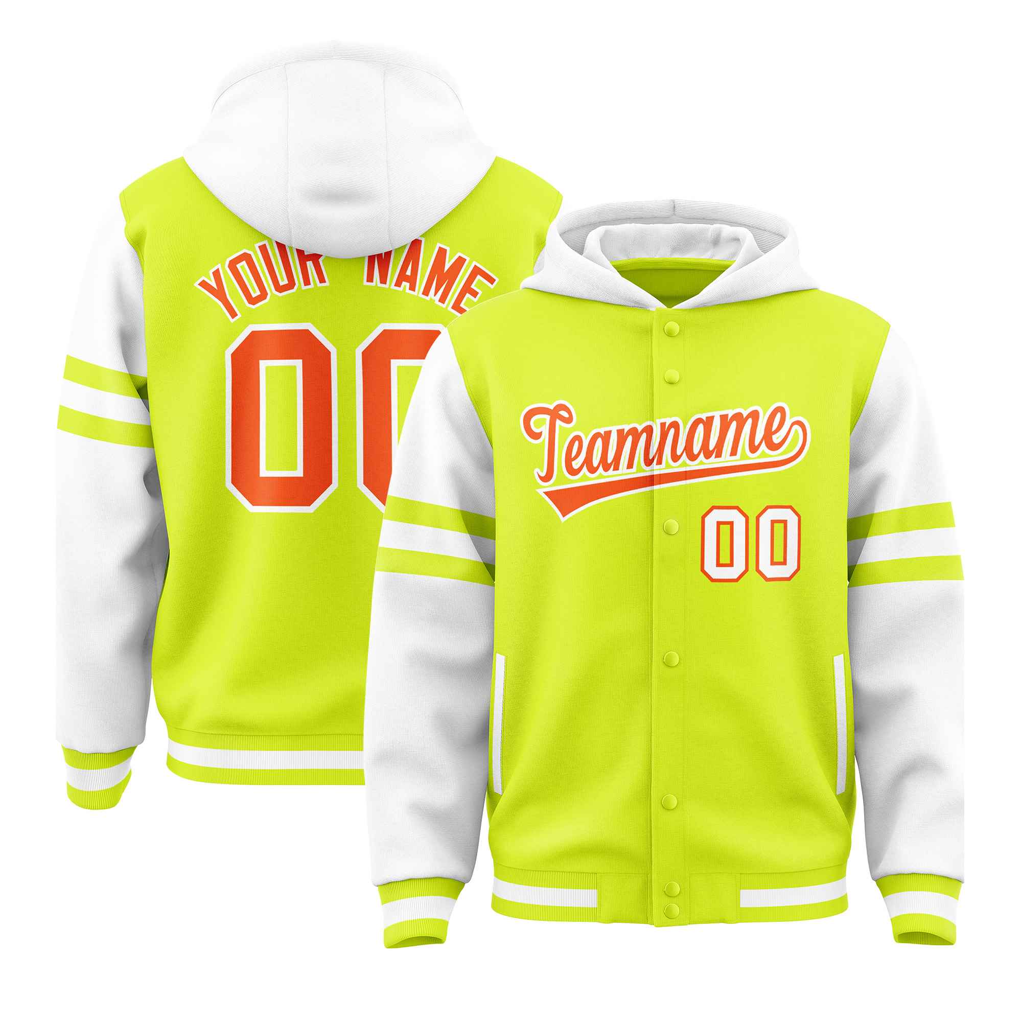 Custom Fluorescent Green White Raglan Sleeves Varsity Full-Snap Letterman Three Stripes Jacket Hoodie| KXKSHOP