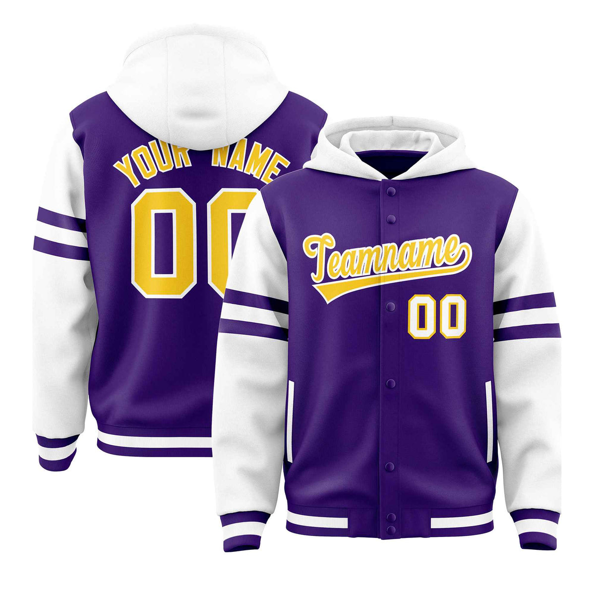 Custom Purple White Raglan Sleeves Varsity Full-Snap Letterman Three Stripes Jacket Hoodie| KXKSHOP