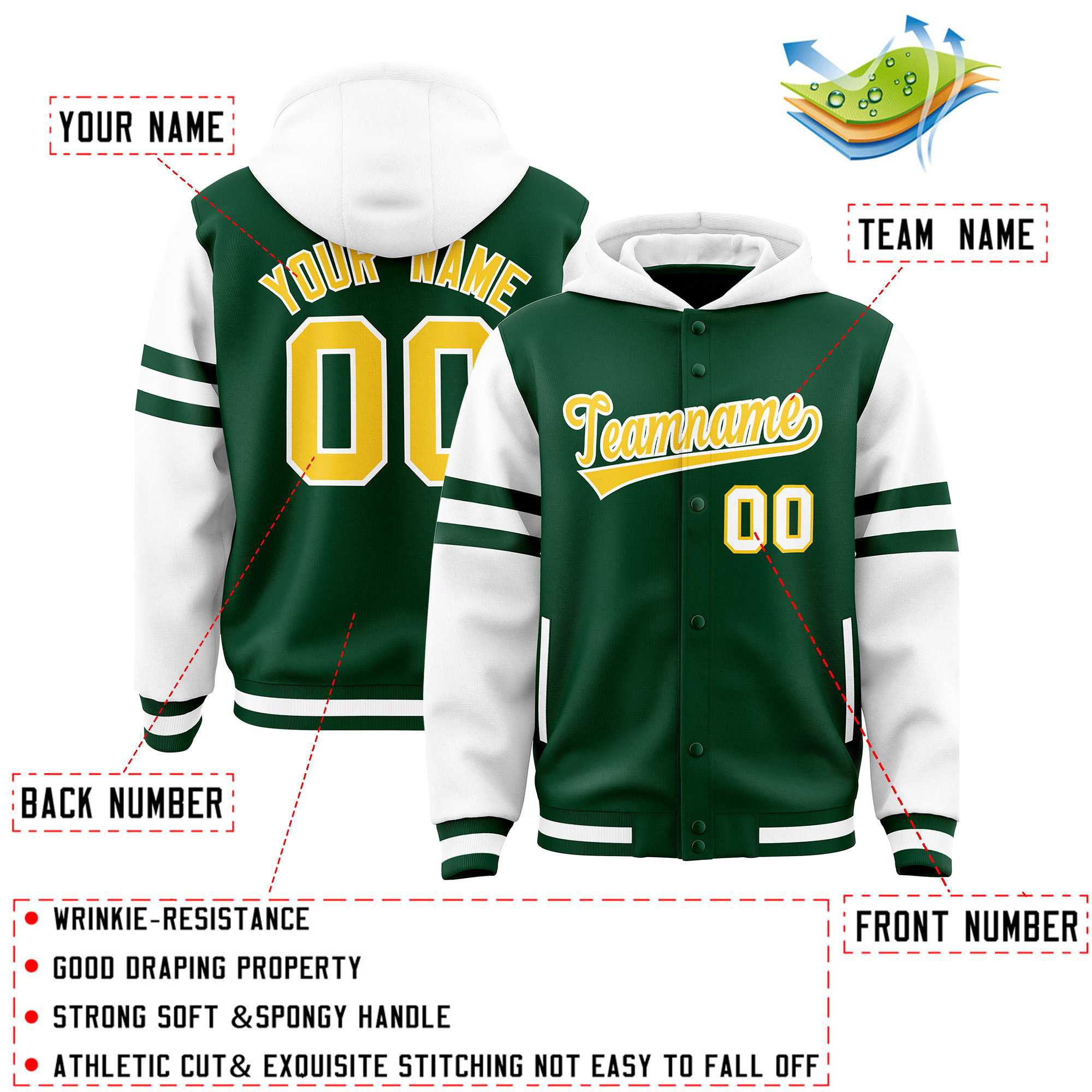 Custom Green White Raglan Sleeves Varsity Full-Snap Letterman Three Stripes Jacket Hoodie| KXKSHOP