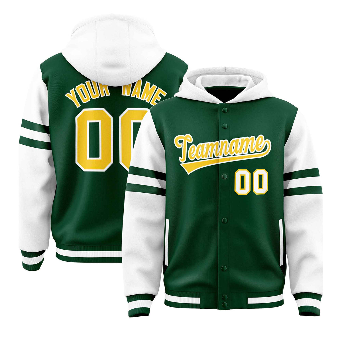 Custom Green White Raglan Sleeves Varsity Full-Snap Letterman Three Stripes Jacket Hoodie| KXKSHOP
