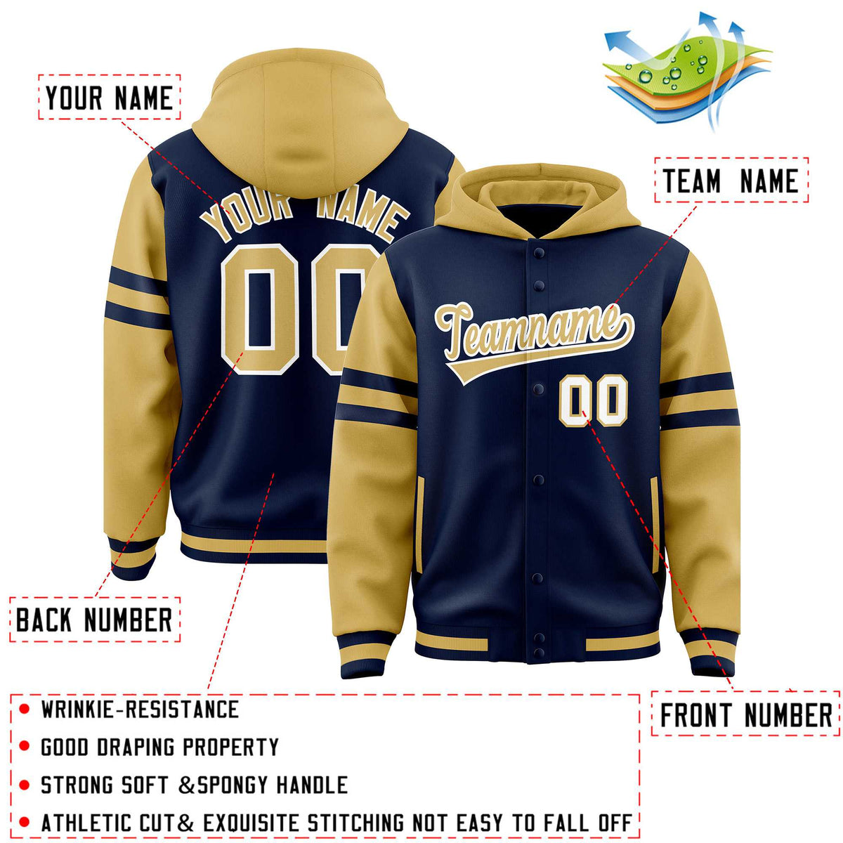 Custom Navy Old Gold Raglan Sleeves Varsity Full-Snap Letterman Three Stripes Jacket Hoodie| KXKSHOP