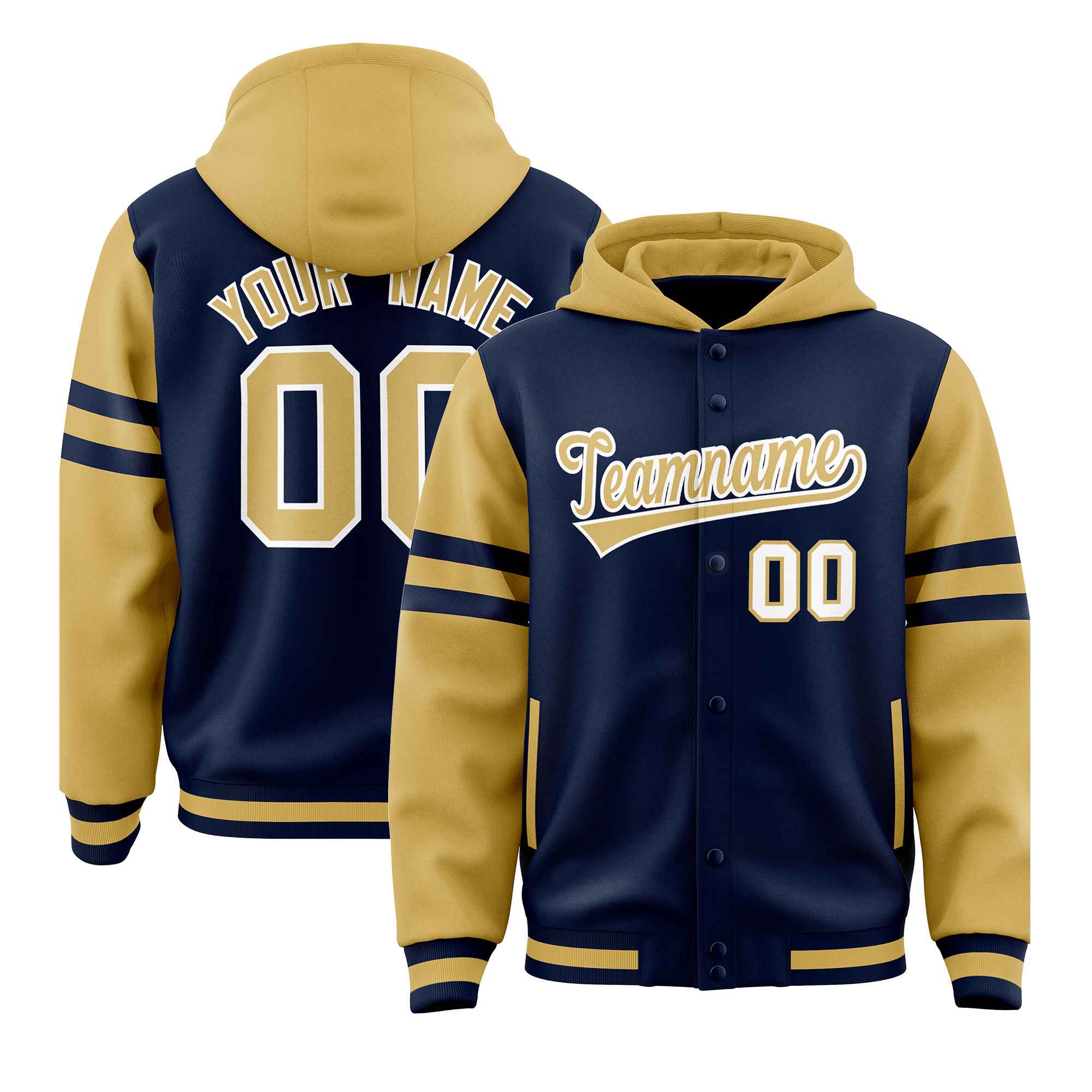 Custom Navy Old Gold Raglan Sleeves Varsity Full-Snap Letterman Three Stripes Jacket Hoodie| KXKSHOP