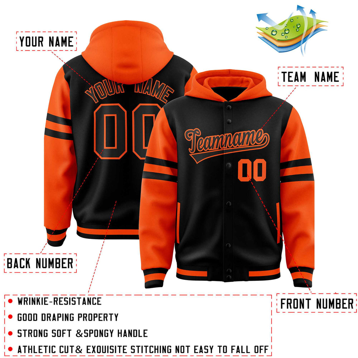Custom Black Orange Raglan Sleeves Varsity Full-Snap Letterman Three Stripes Jacket Hoodie| KXKSHOP