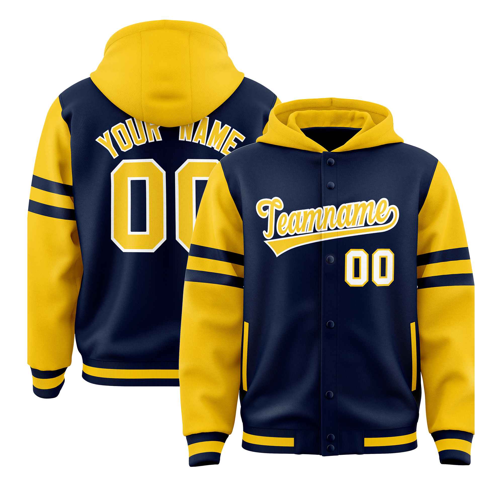 Custom Navy Gold Raglan Sleeves Varsity Full-Snap Letterman Three Stripes Jacket Hoodie| KXKSHOP