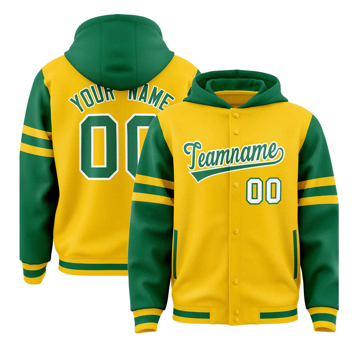Custom Gold Kelly Green Raglan Sleeves Varsity Full-Snap Letterman Three Stripes Jacket Hoodie| KXKSHOP