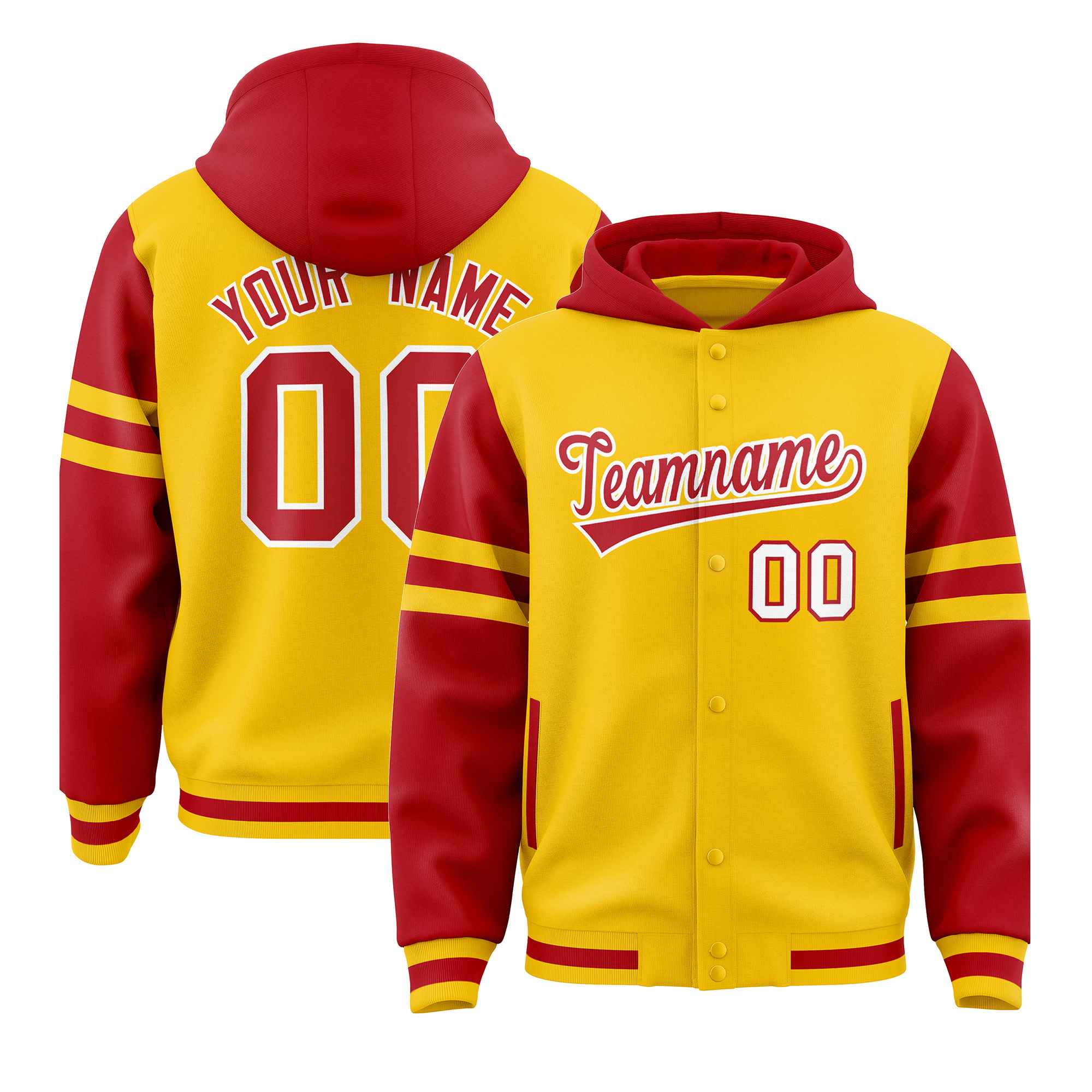 Custom Gold Red Raglan Sleeves Varsity Full-Snap Letterman Three Stripes Jacket Hoodie| KXKSHOP